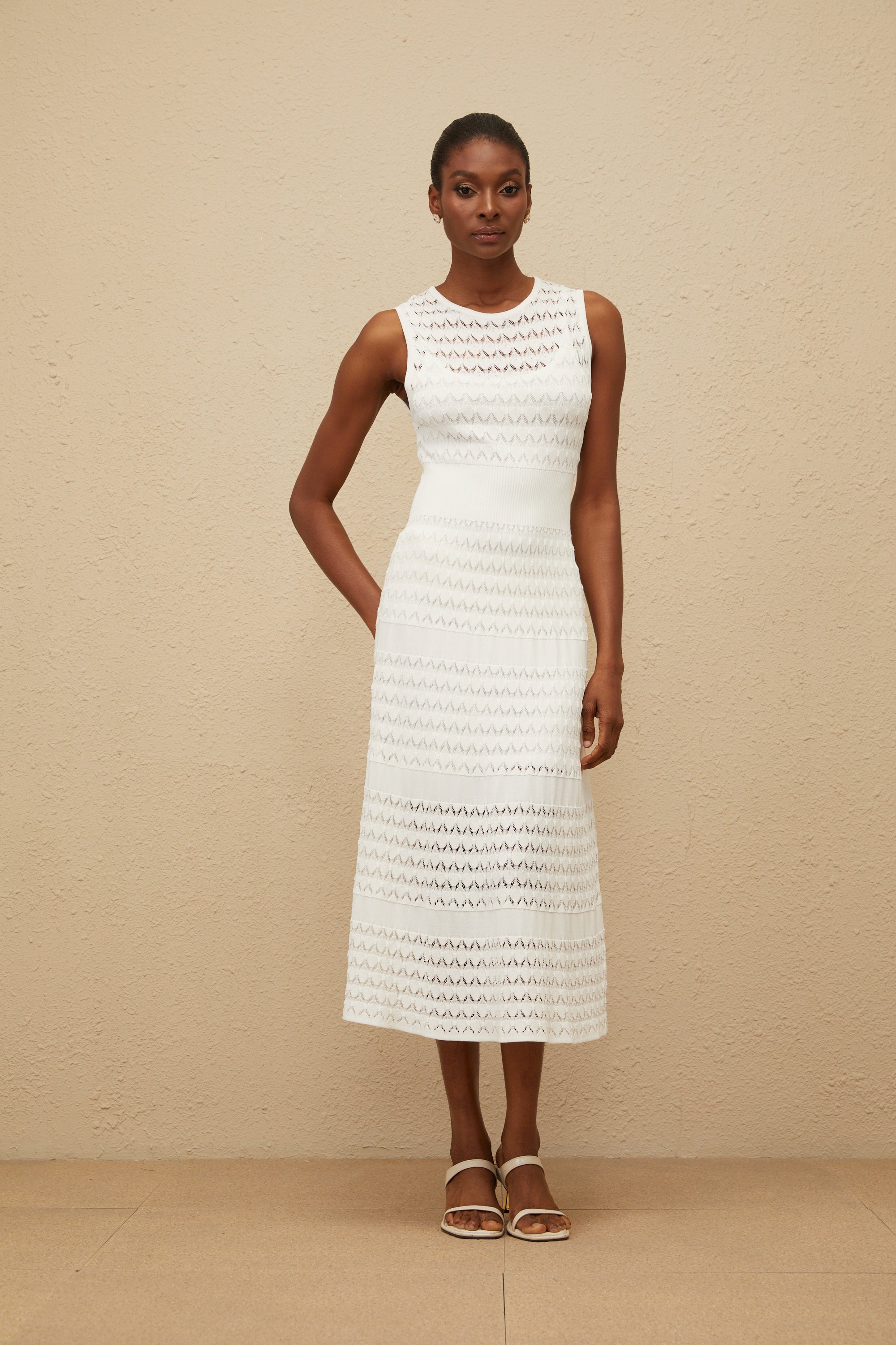Clothilde White Shirred Crochet Knit Midi Dress
