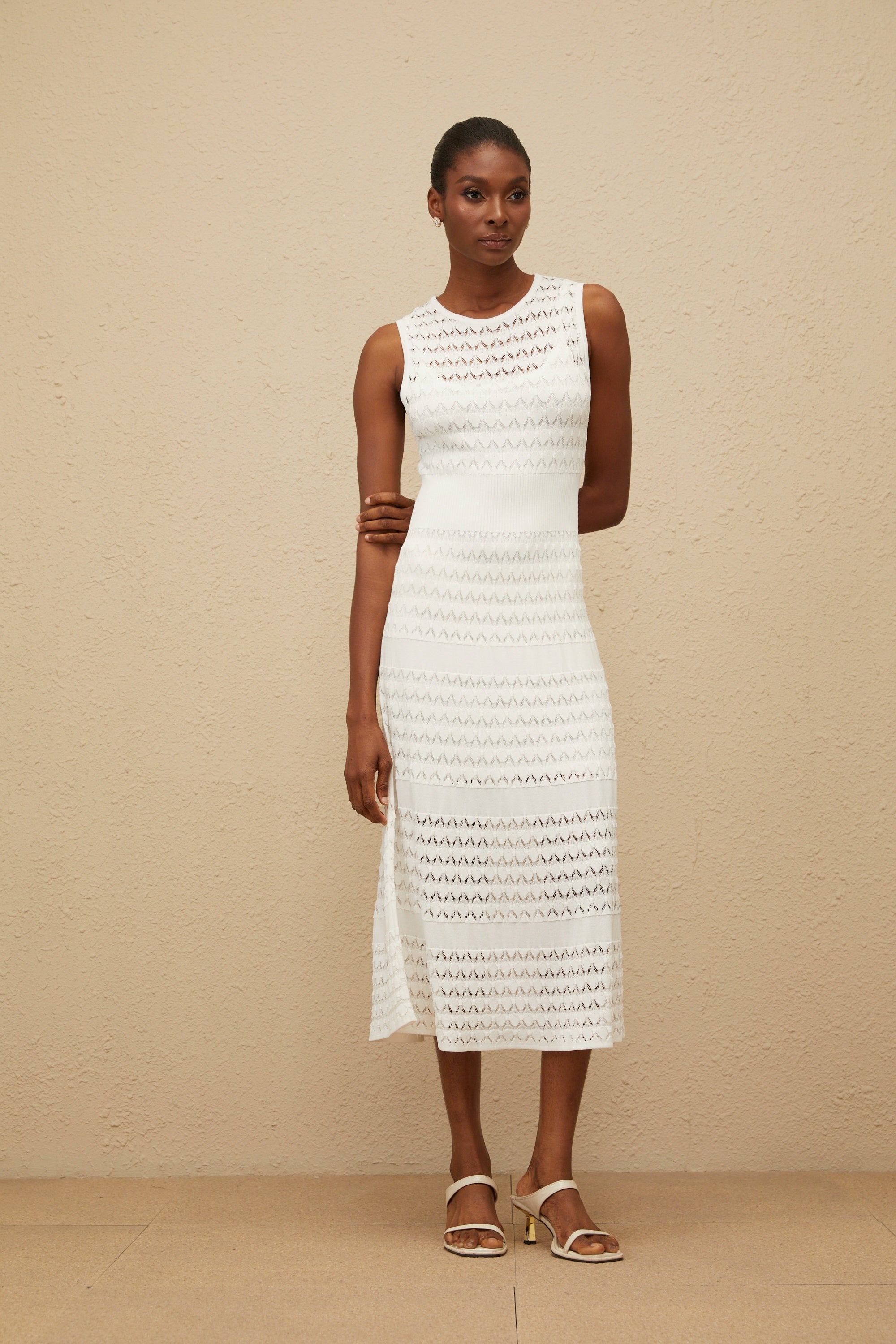 Clothilde White Shirred Crochet Knit Midi Dress