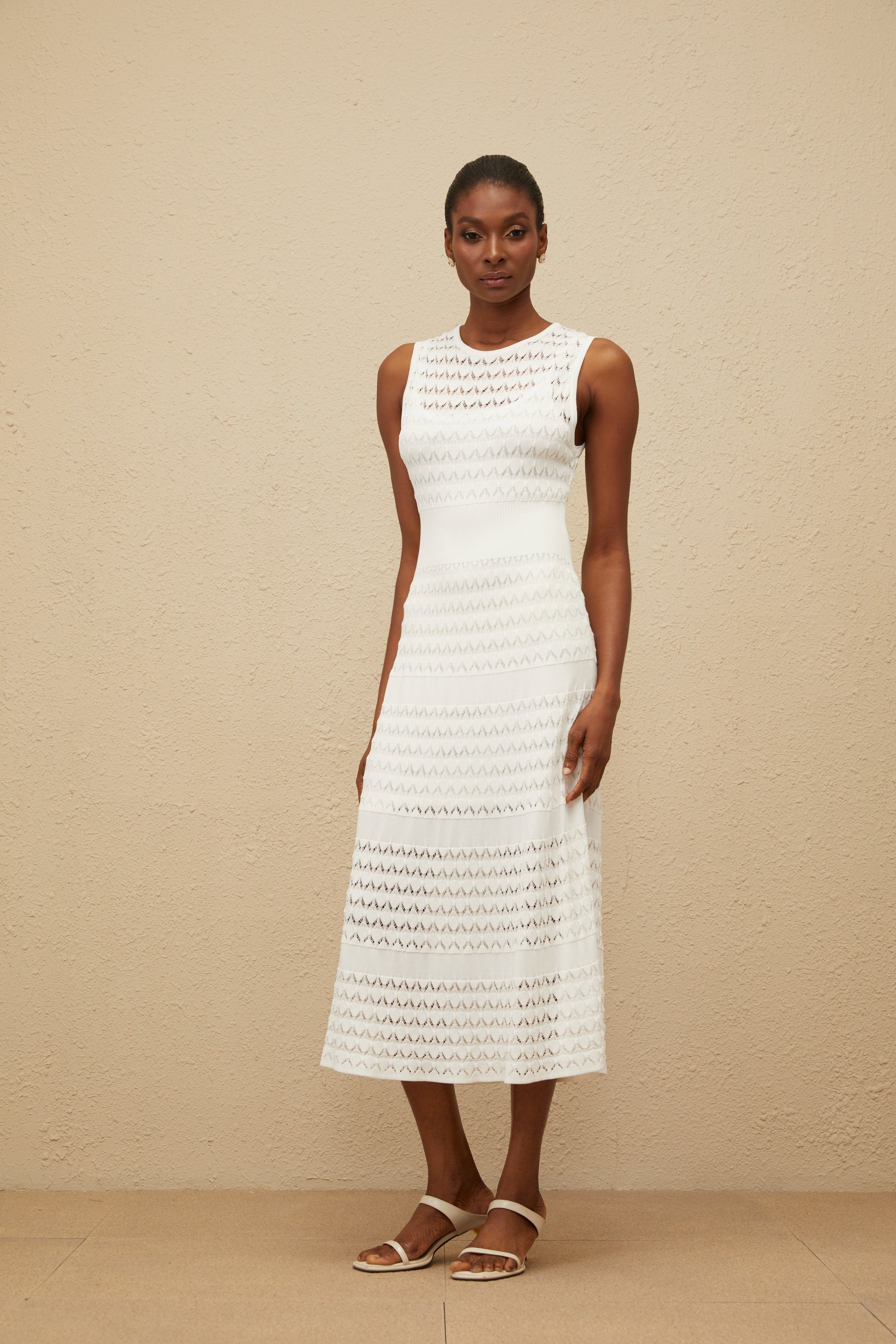 Clothilde White Shirred Crochet Knit Midi Dress