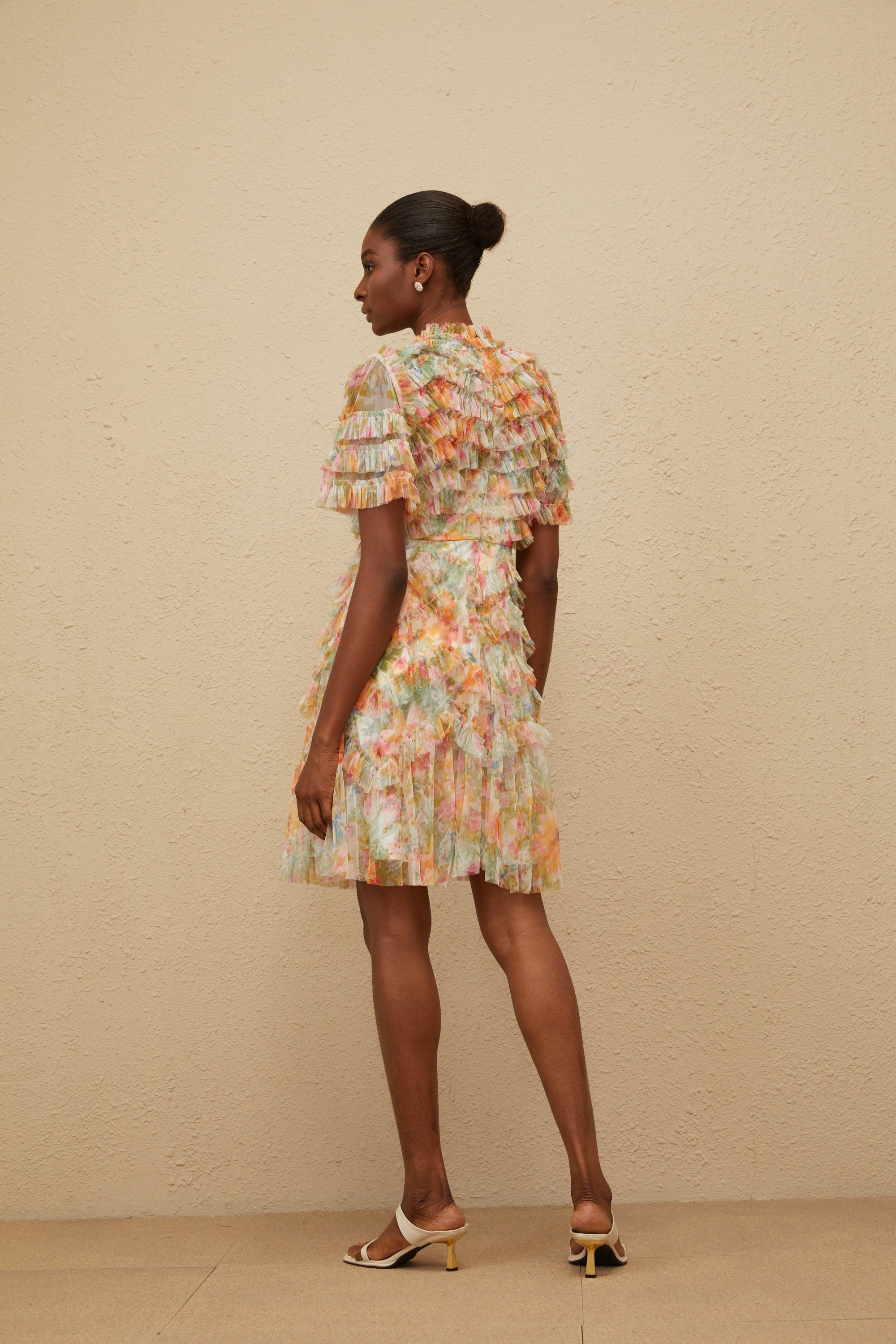 Danaé Orange Tiered Tulle Floral Print Mini Dress