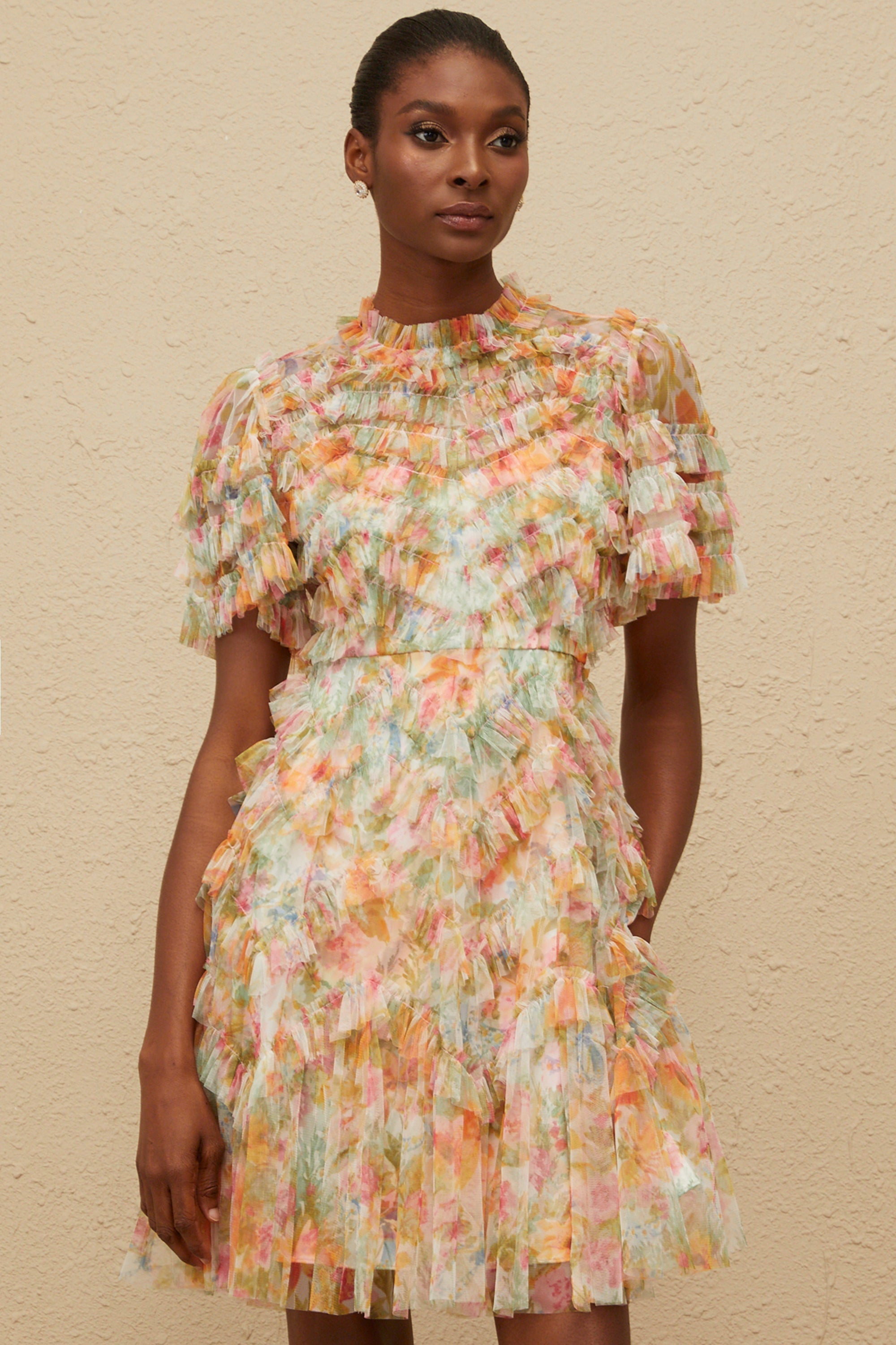 Danaé Orange Tiered Tulle Floral Print Mini Dress