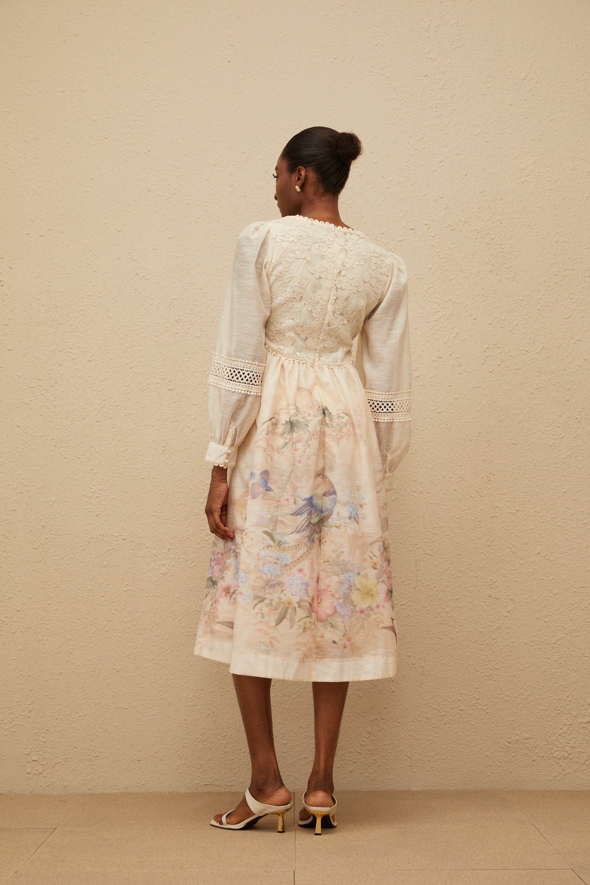 Isabella Beige Floral Embroidered Midi Dress