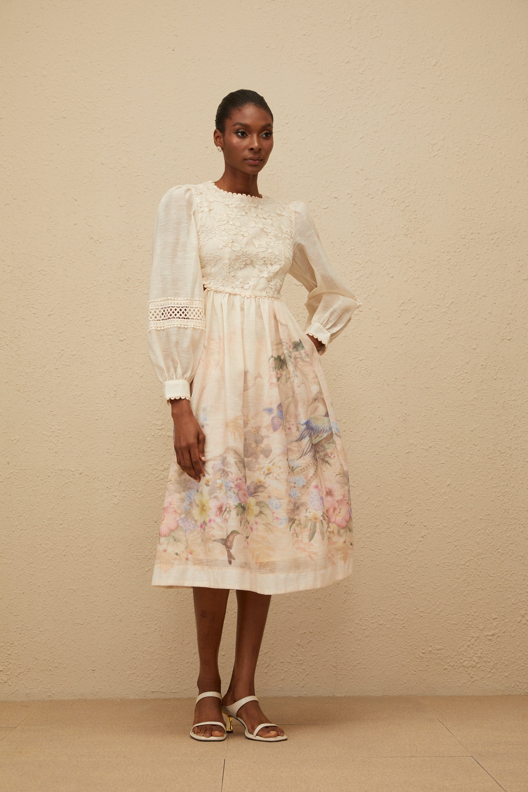 Isabella Beige Floral Embroidered Midi Dress