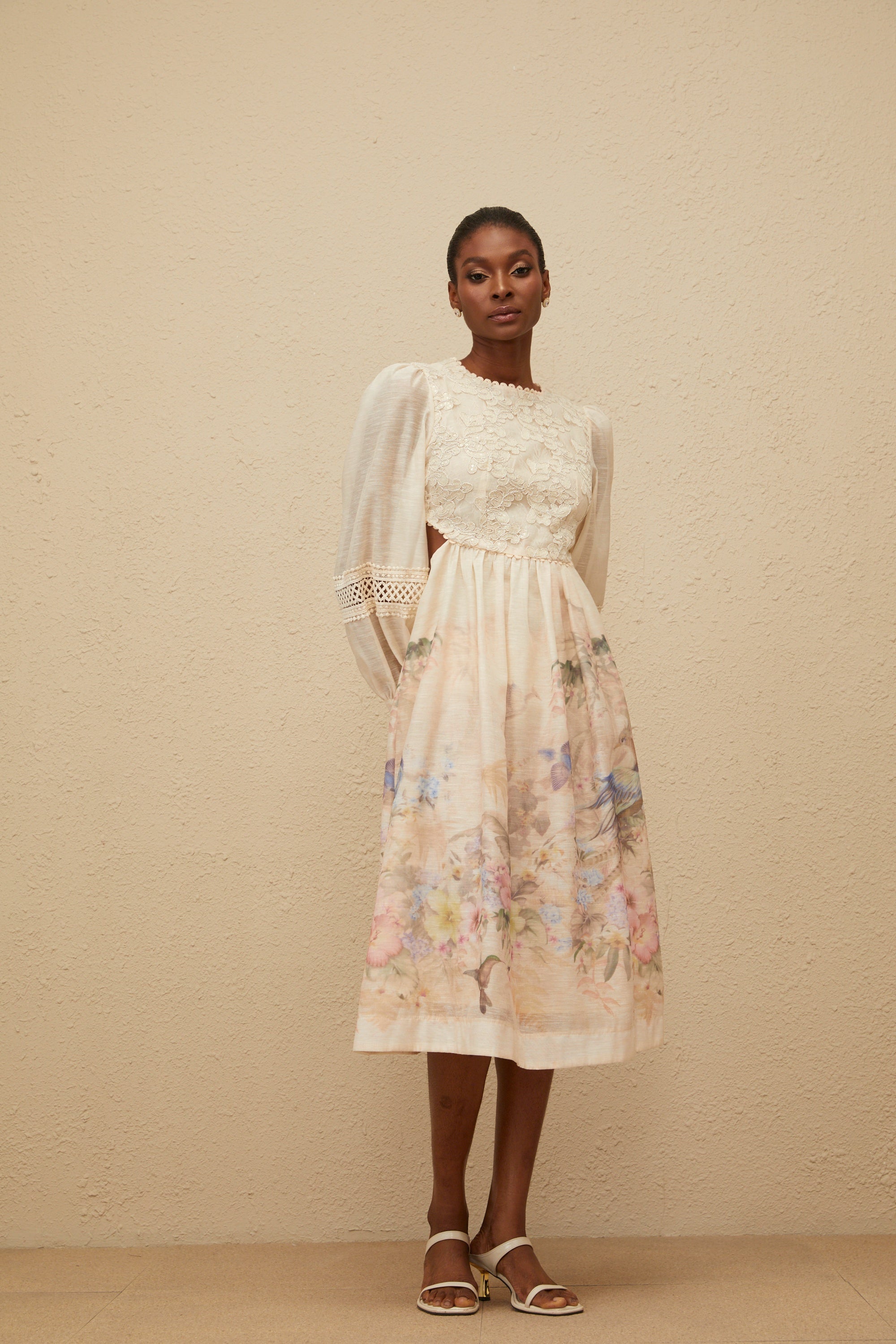 Isabella Beige Floral Embroidered Midi Dress