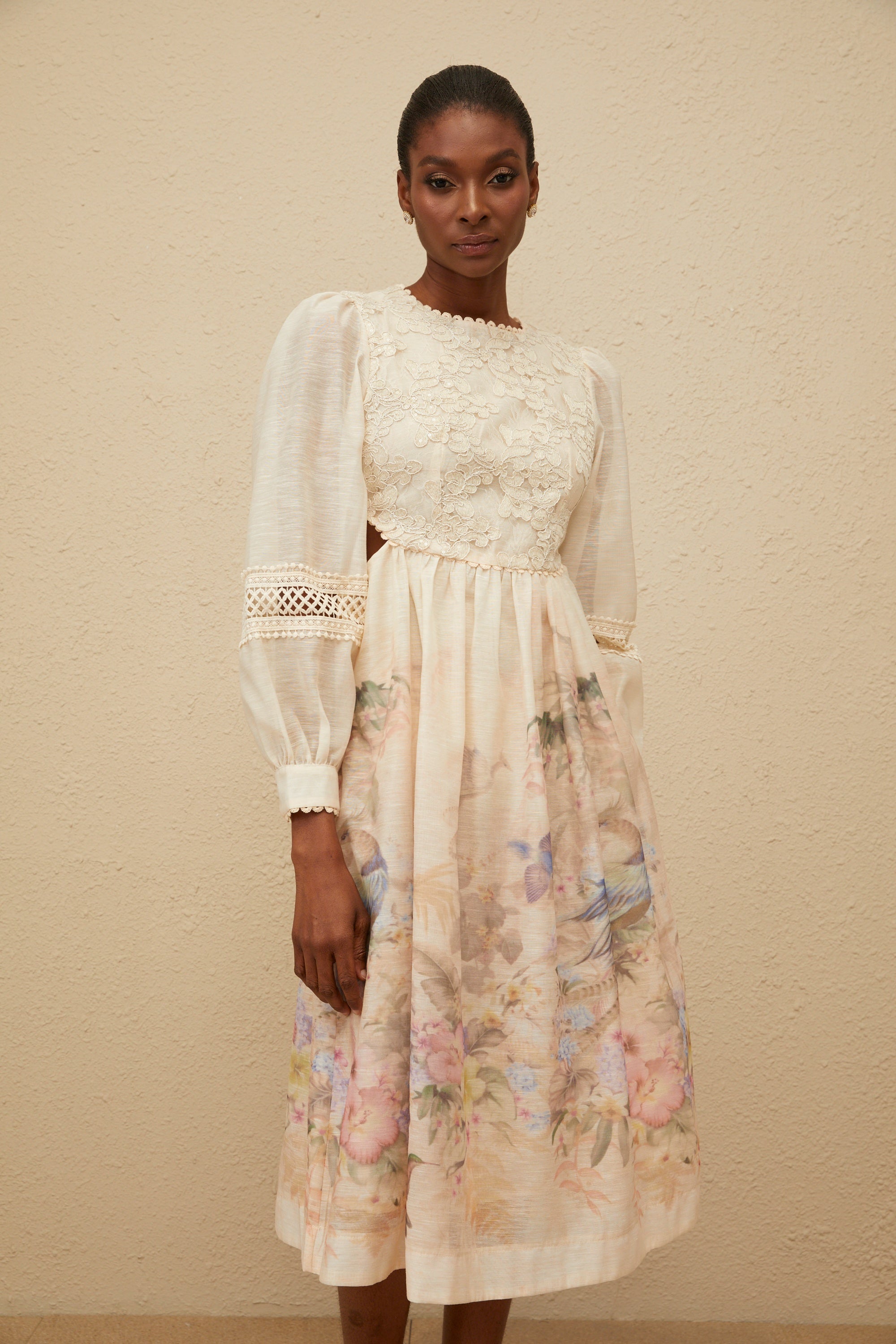 Isabella Beige Floral Embroidered Midi Dress