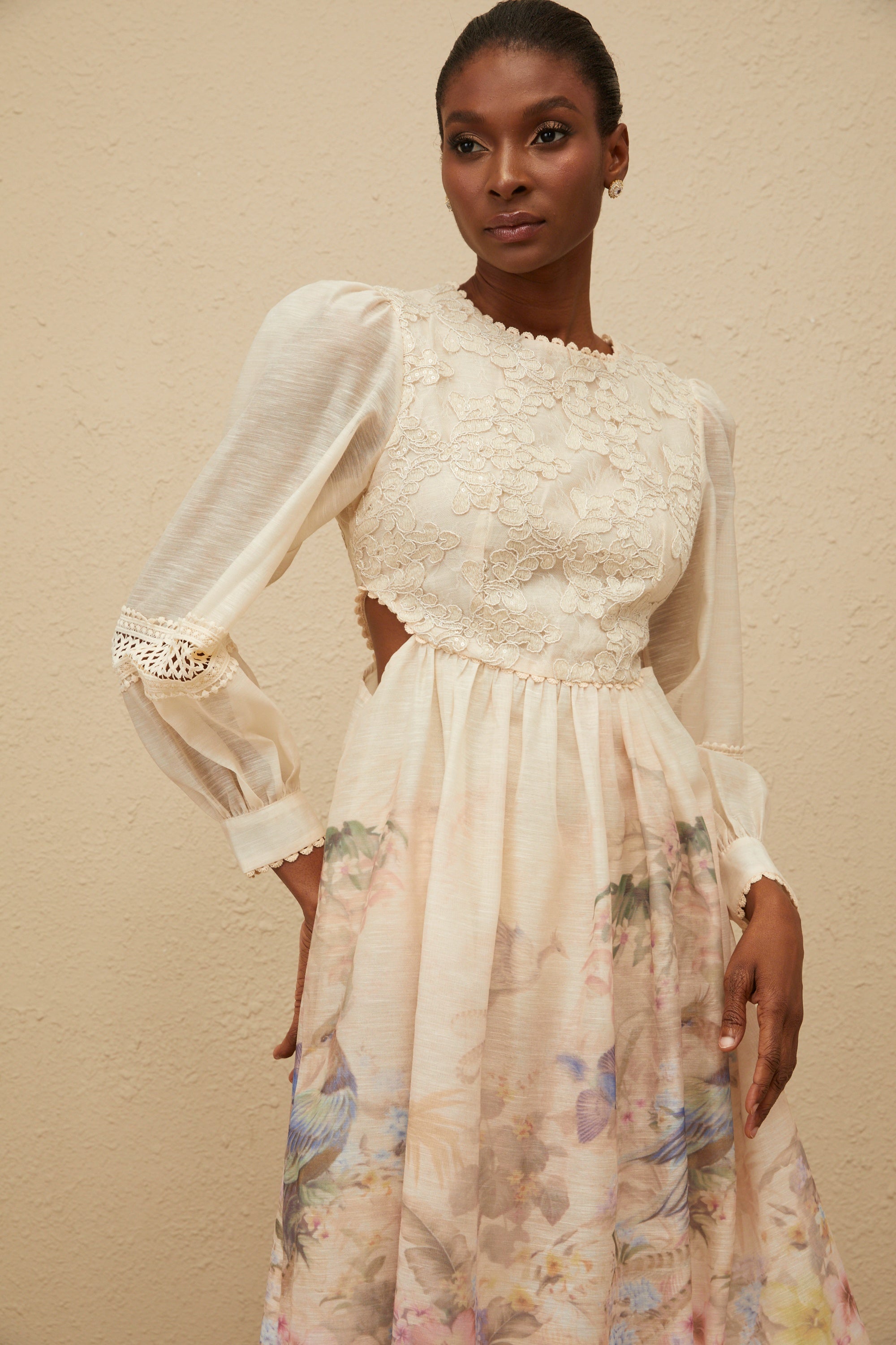 Isabella Beige Floral Embroidered Midi Dress