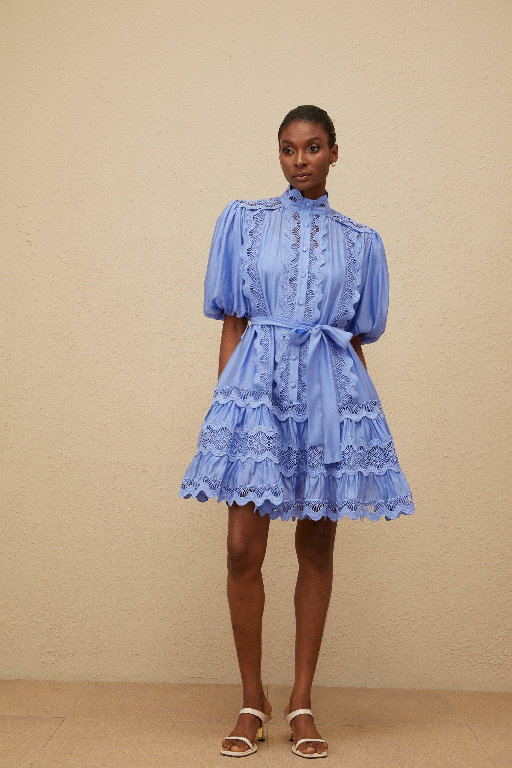 Poema Blue Tiered Motif Embroidered Mini Dress