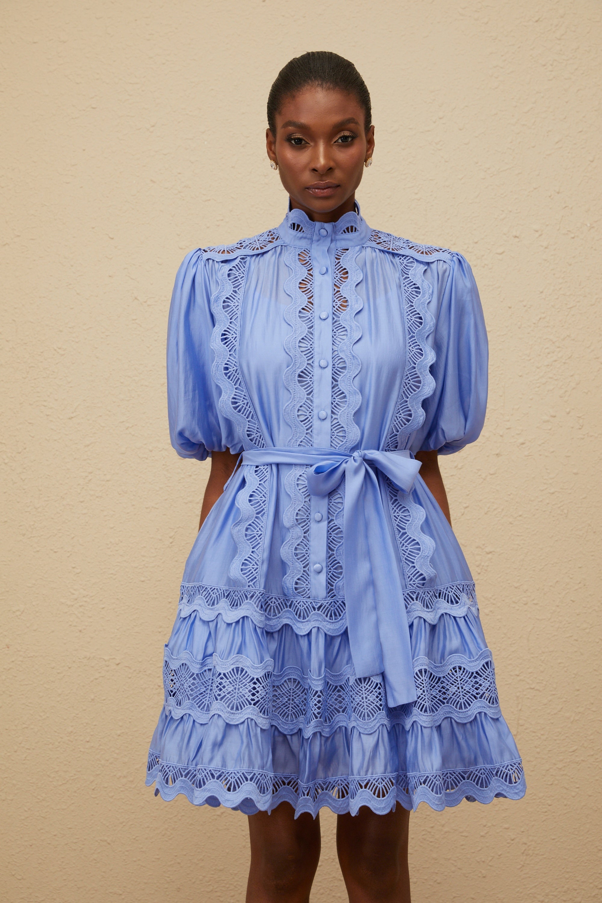 Poema Blue Tiered Motif Embroidered Mini Dress