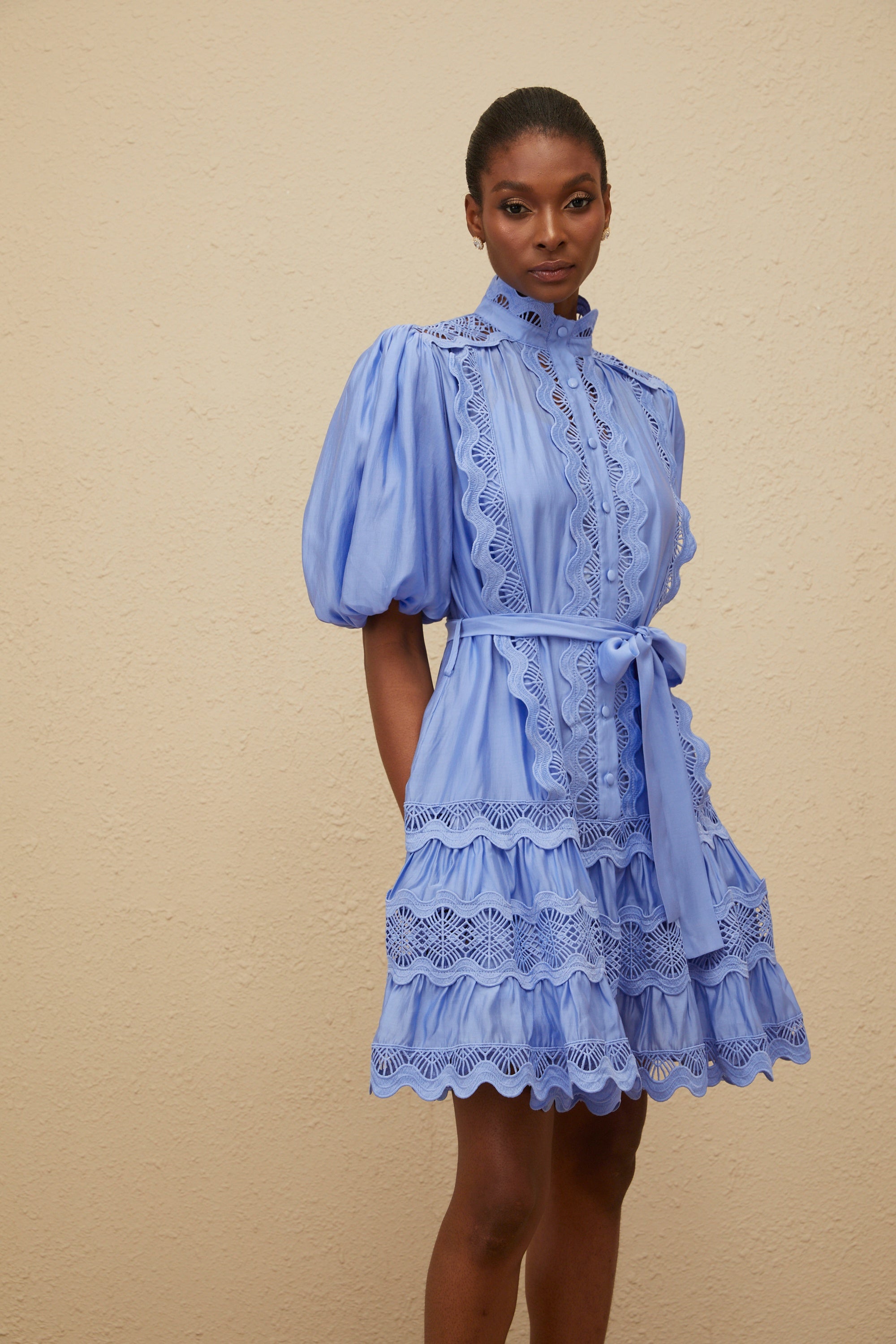 Poema Blue Tiered Motif Embroidered Mini Dress