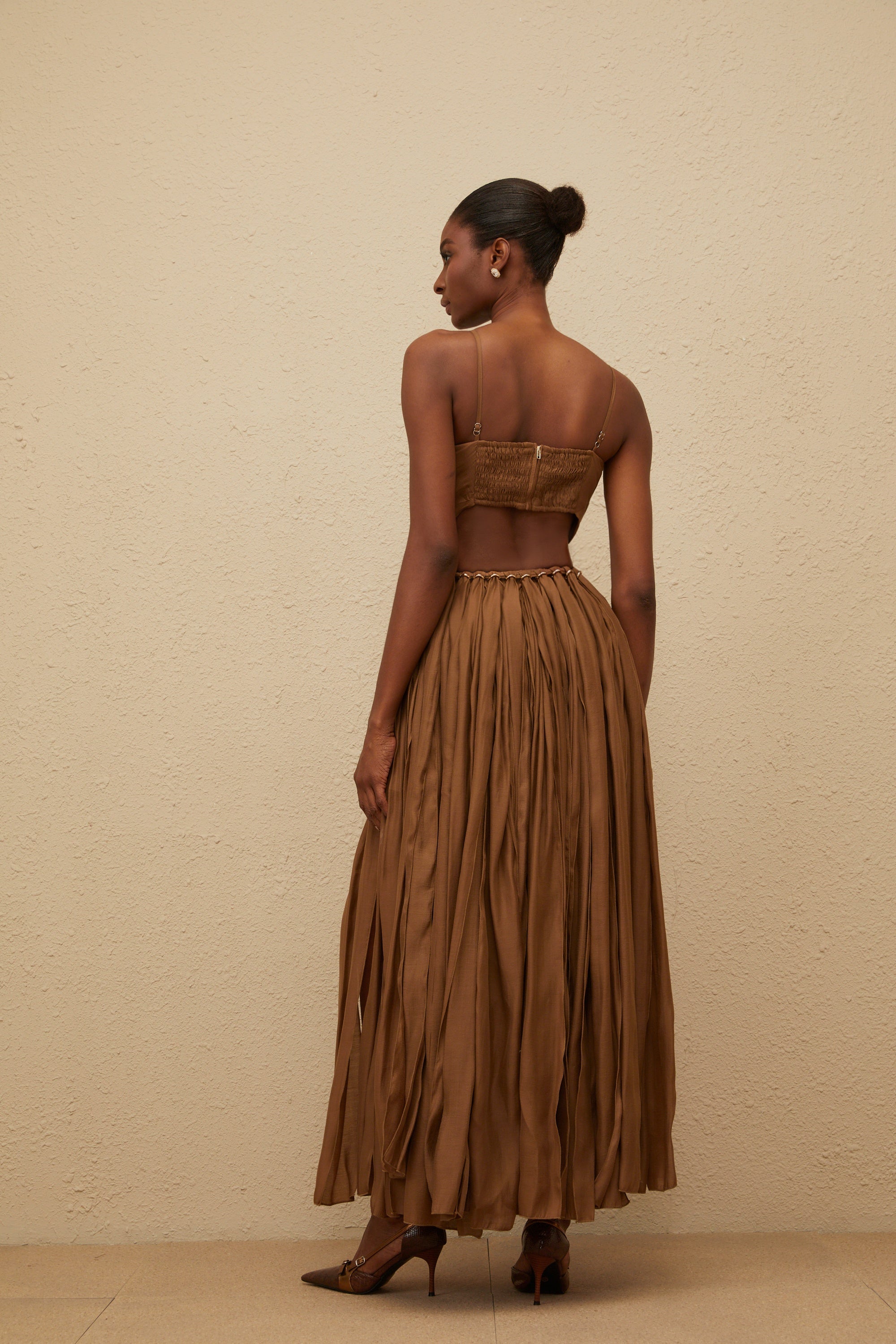 Déotille Brown Braided Cutout Shirred Midi Dress