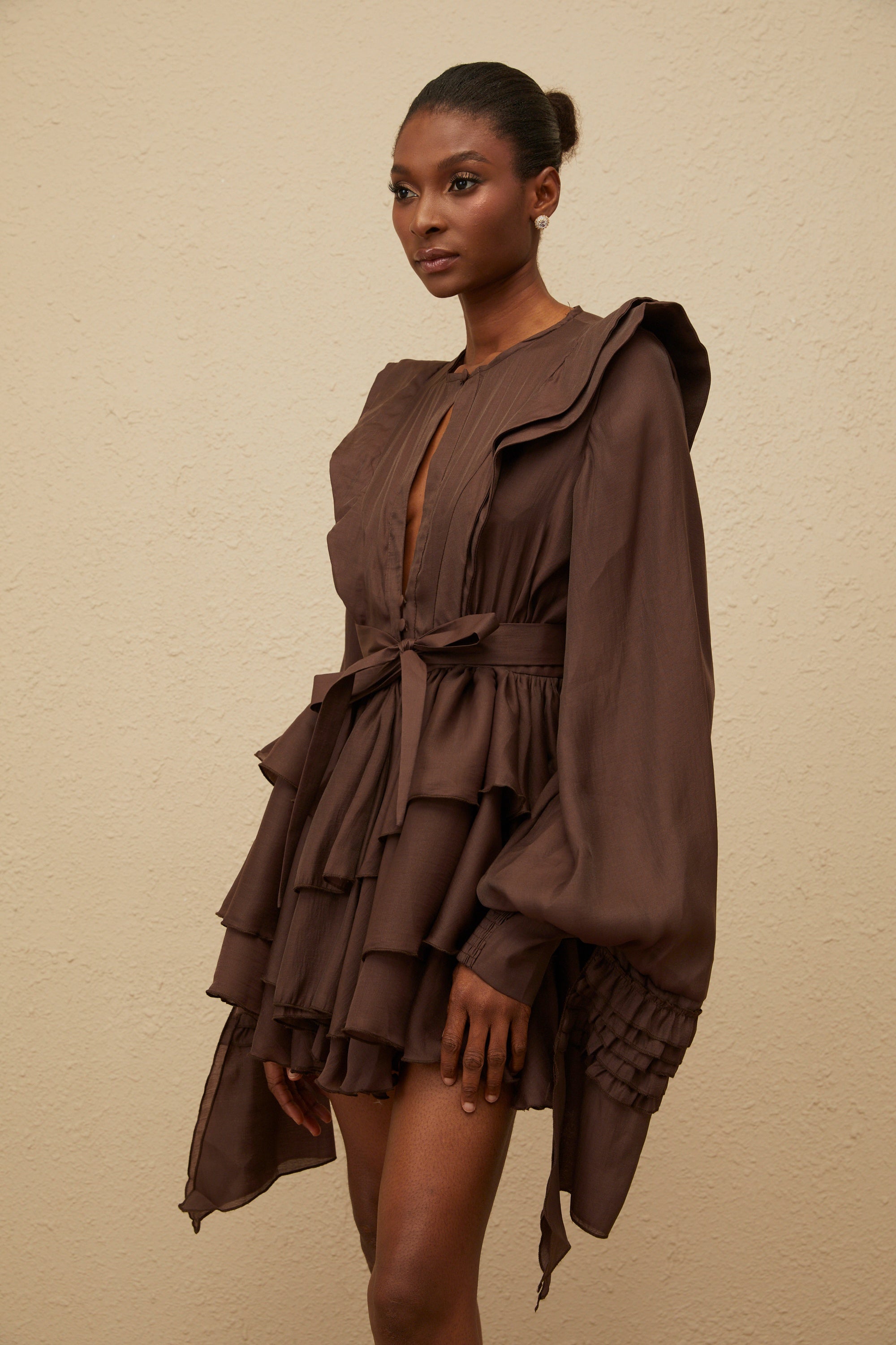 Annabelle Brown Cutout Ruffled Mini Dress (Final Sale-US Only)