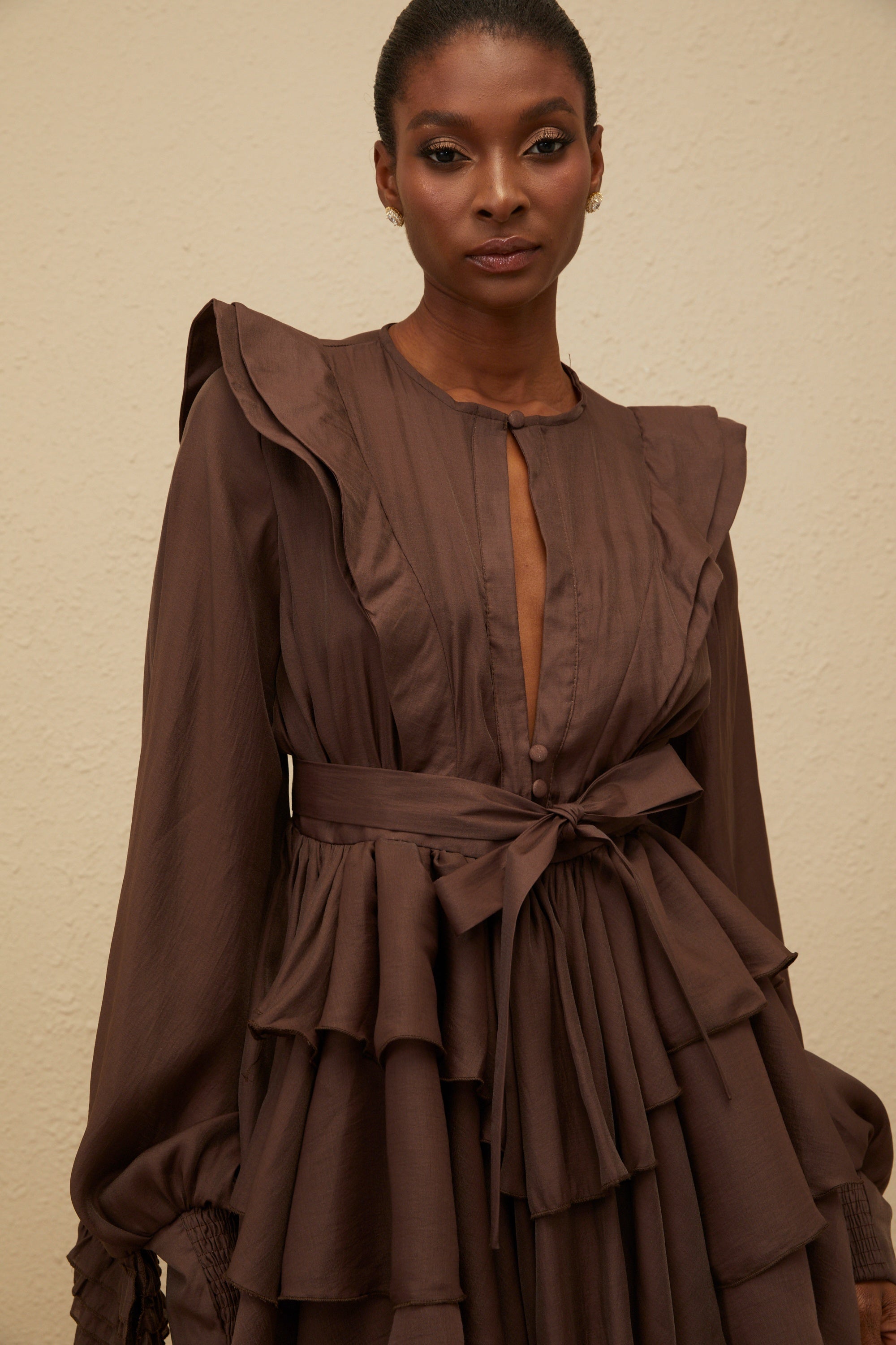 Annabelle Brown Cutout Ruffled Mini Dress