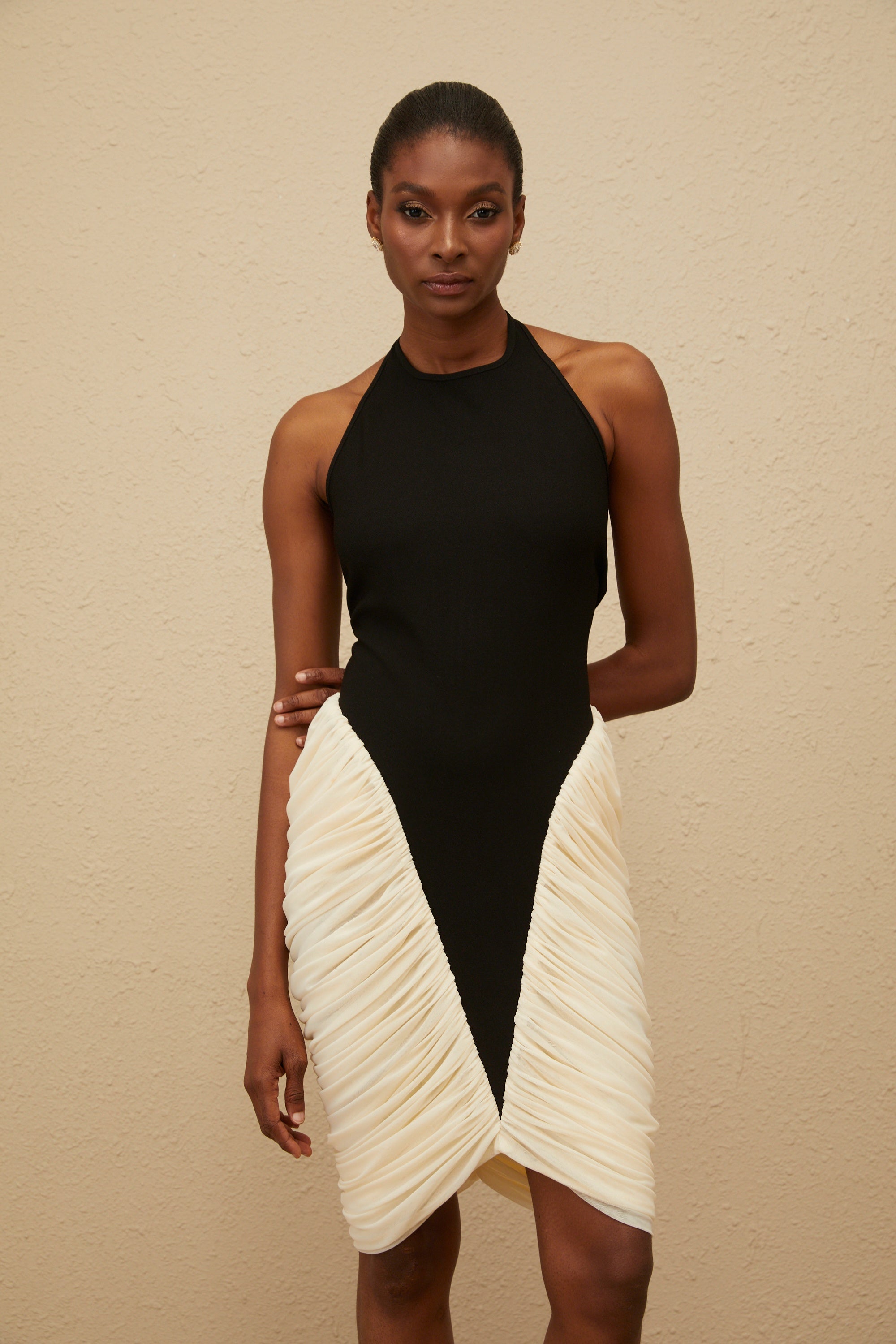 Jade Black Ruched Halterneck Midi Bodycon Dress