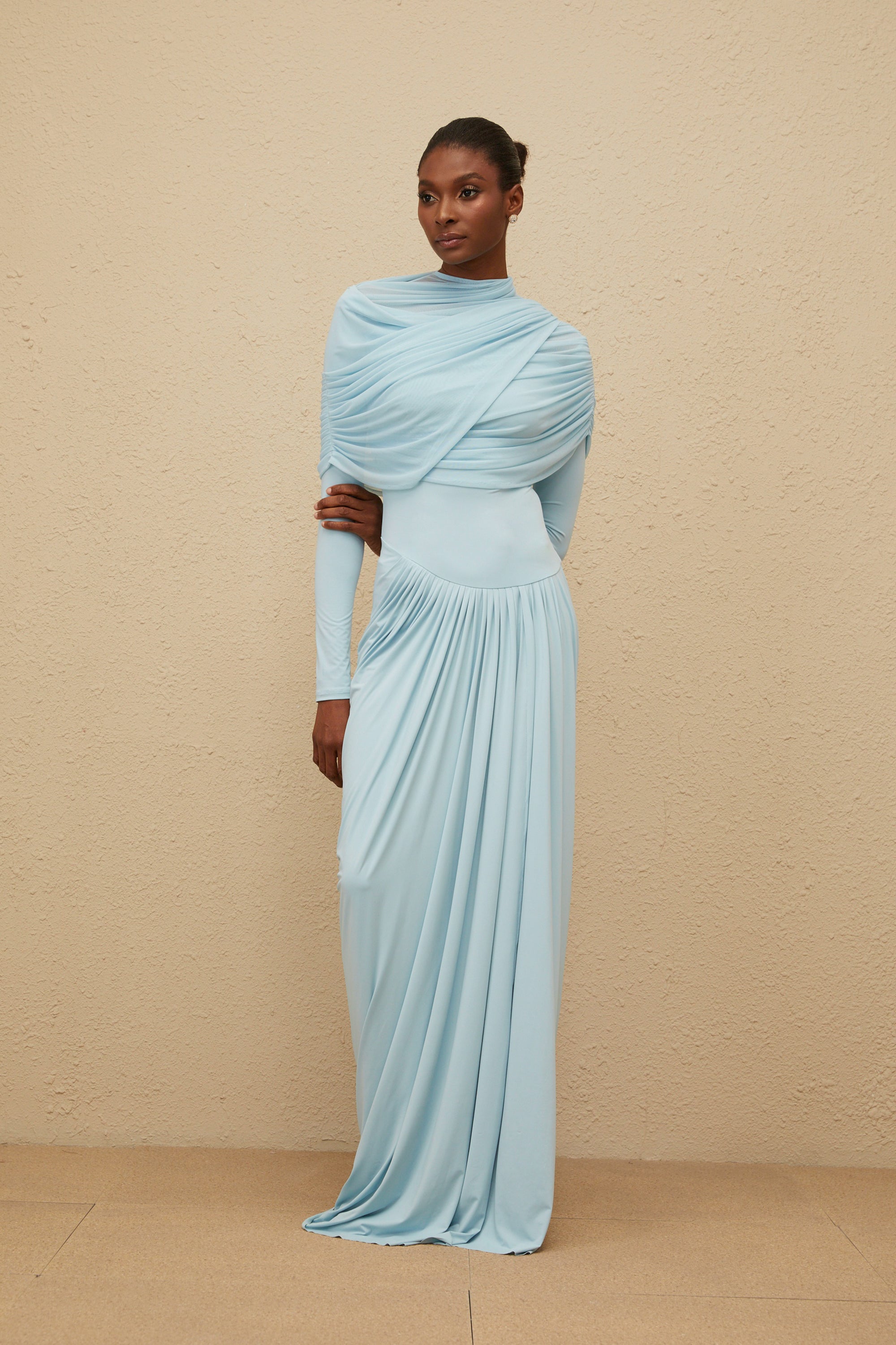 Catherine Baby-Blue Asymmetrical Pleated Long-Sleeve Maxi Dress