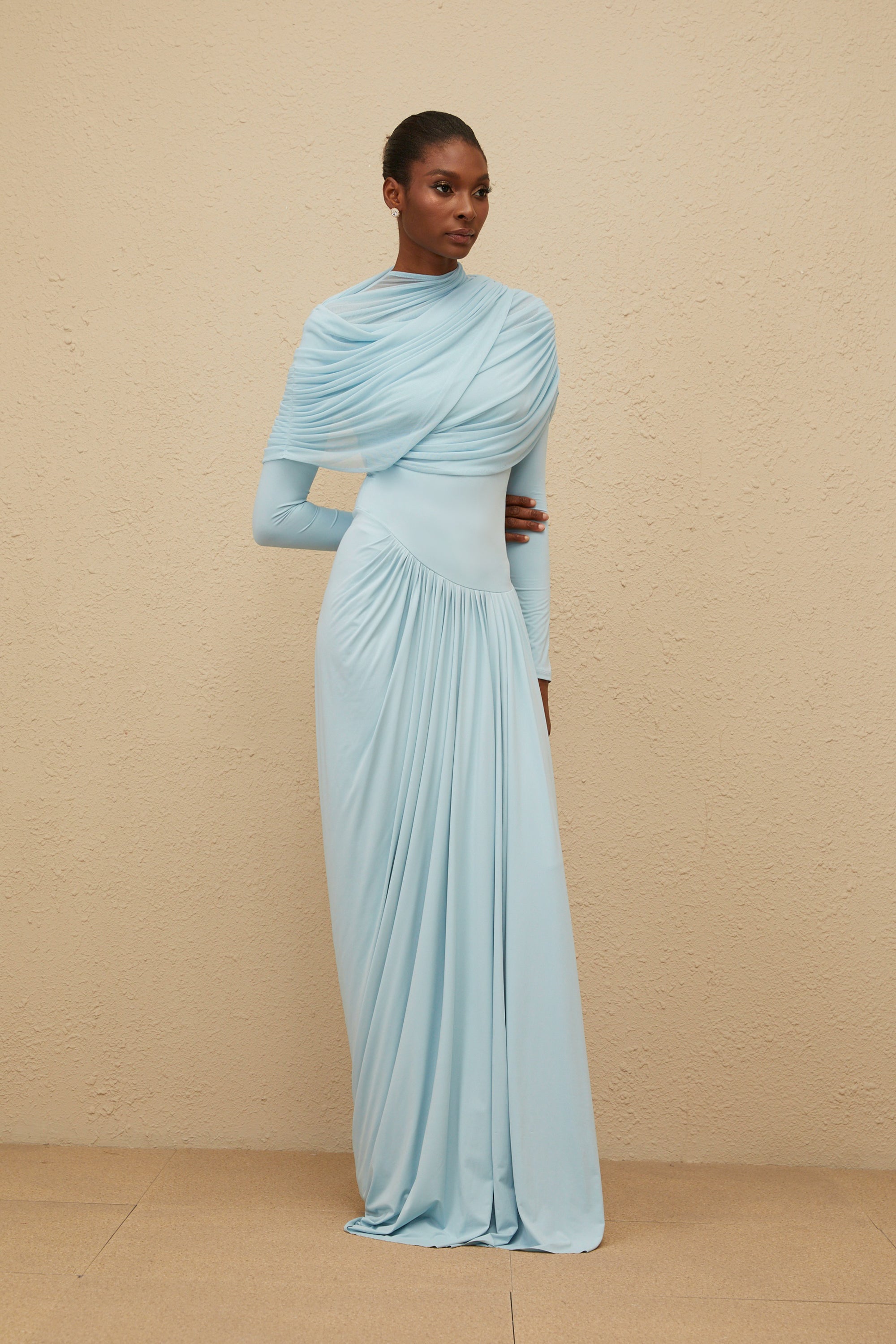 Catherine Baby-Blue Asymmetrical Pleated Long-Sleeve Maxi Dress