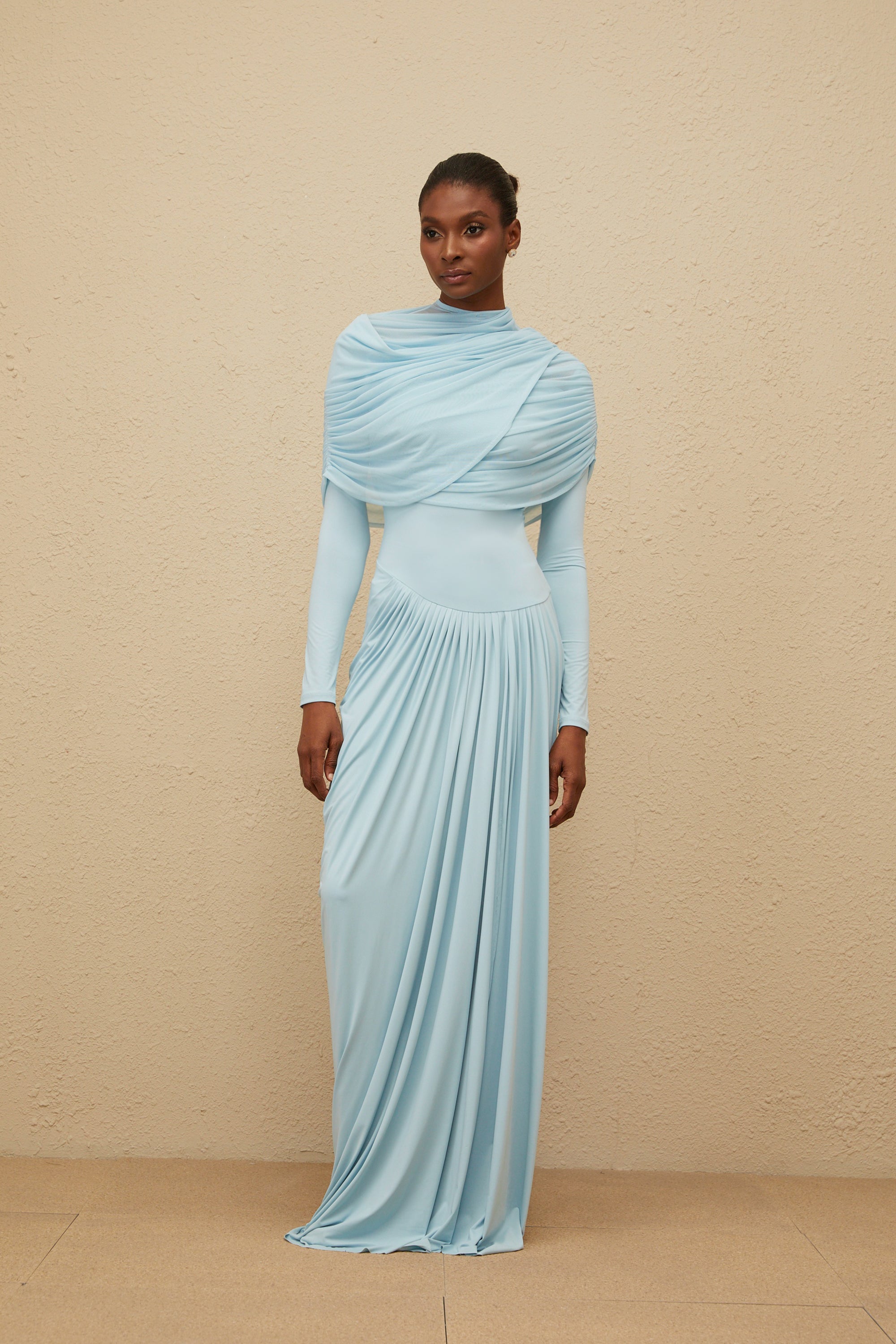 Catherine Baby-Blue Asymmetrical Pleated Long-Sleeve Maxi Dress