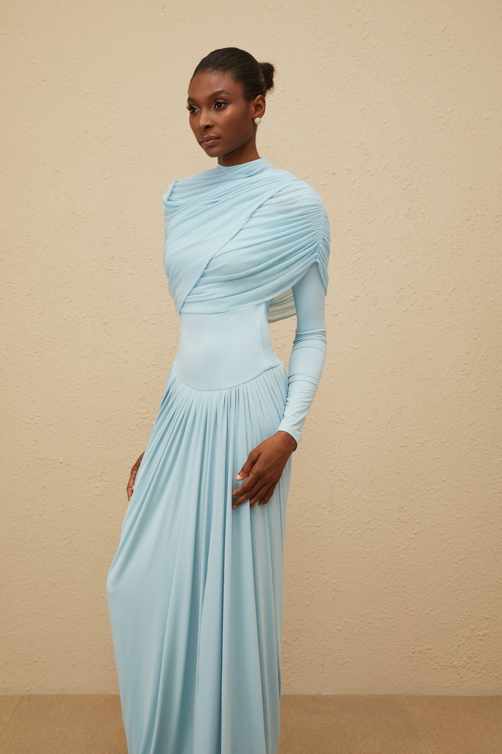 Catherine Baby-Blue Asymmetrical Pleated Long-Sleeve Maxi Dress