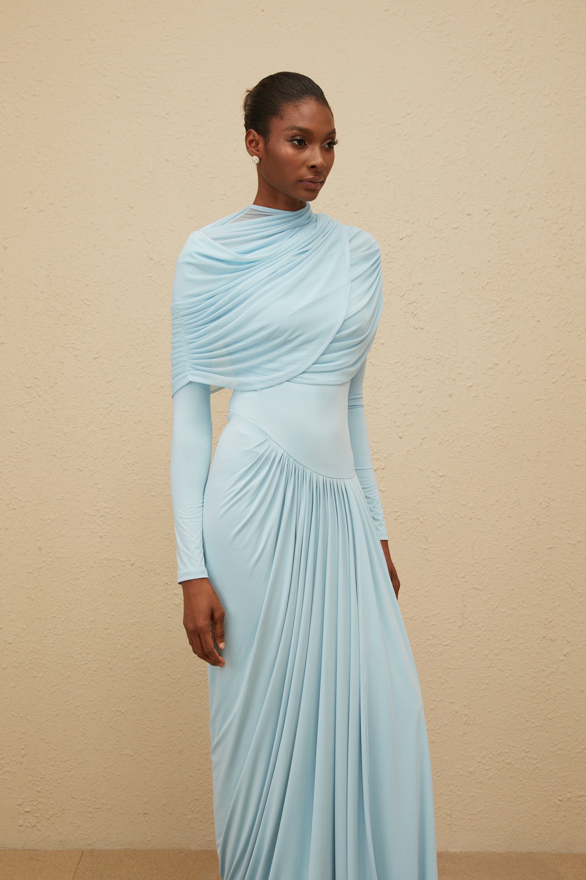 Catherine Baby-Blue Asymmetrical Pleated Long-Sleeve Maxi Dress