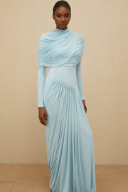 Catherine Baby-Blue Asymmetrical Pleated Long-Sleeve Maxi Dress