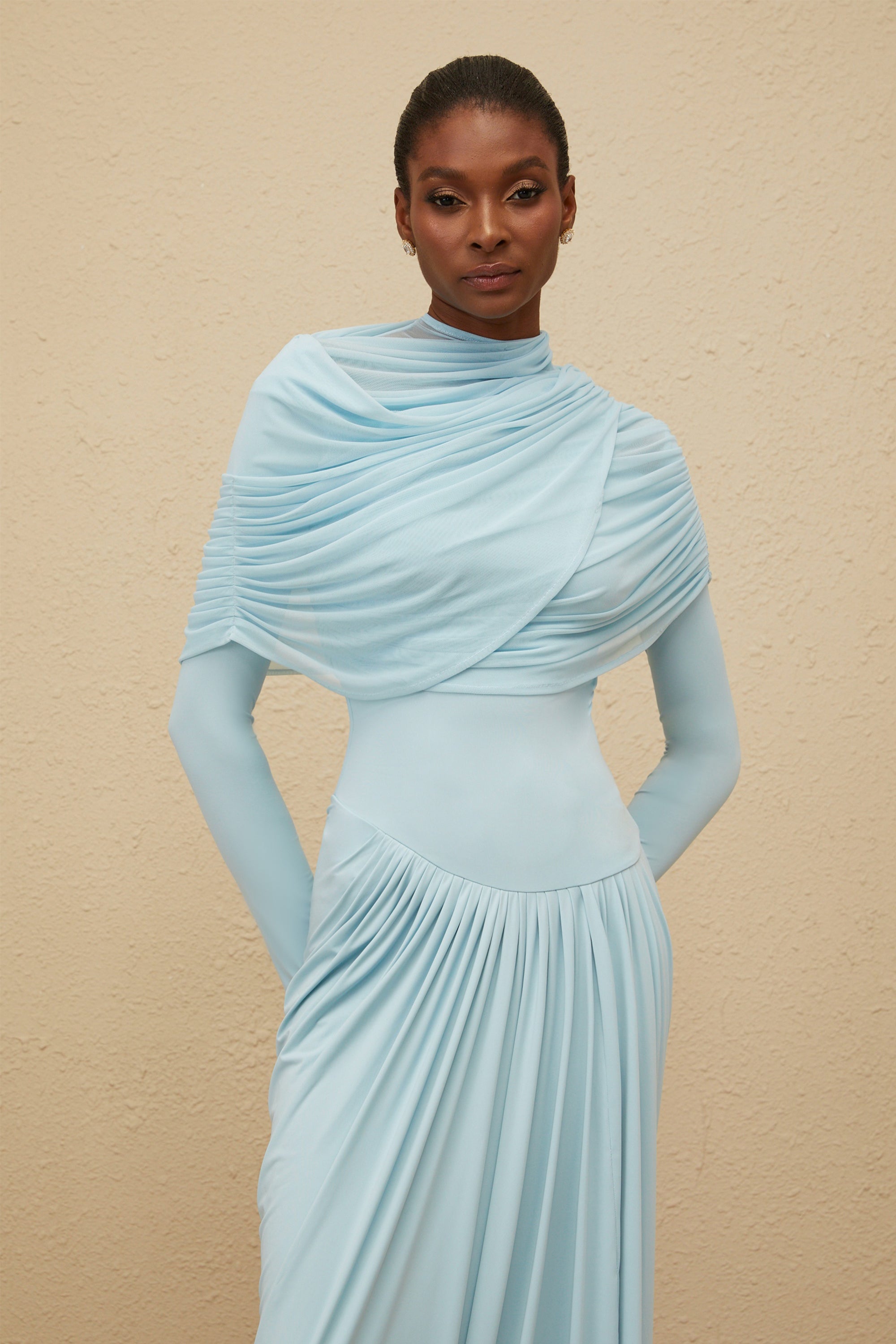 Catherine Baby-Blue Asymmetrical Pleated Long-Sleeve Maxi Dress