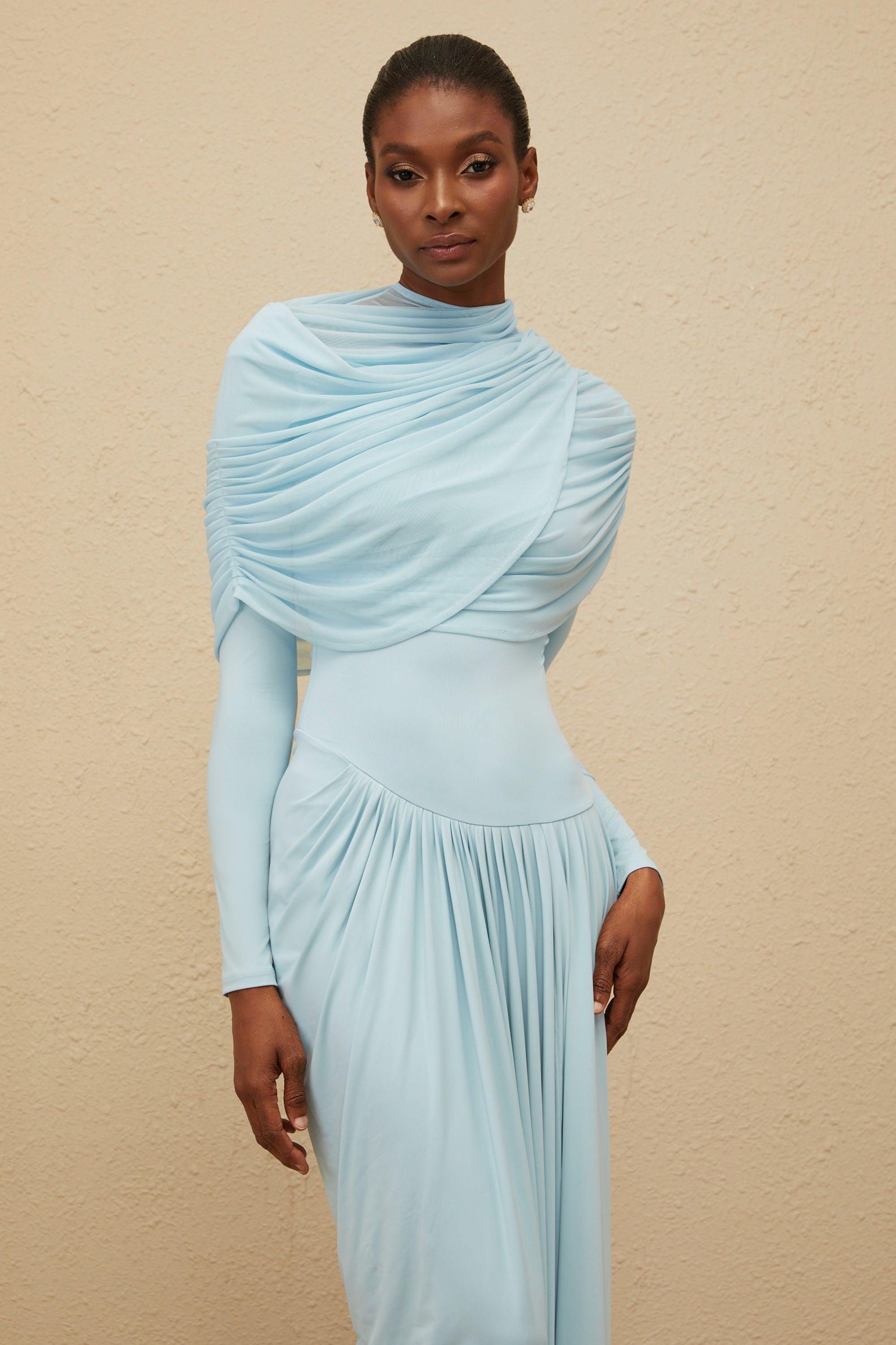 Catherine Baby-Blue Asymmetrical Pleated Long-Sleeve Maxi Dress