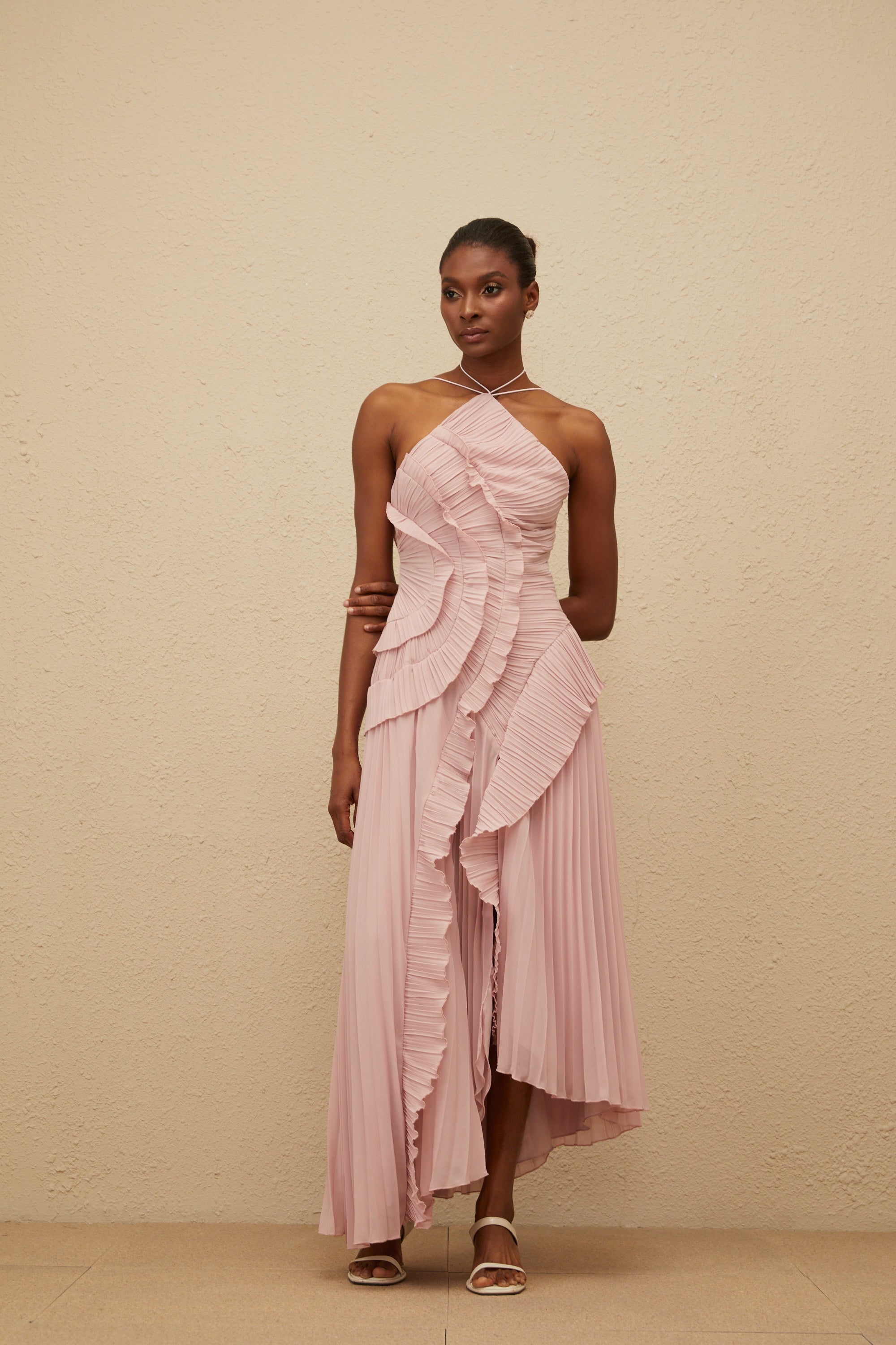 Doux Pink Ruffled Trim Pleated Midi Dress (Final Sale-US Only)