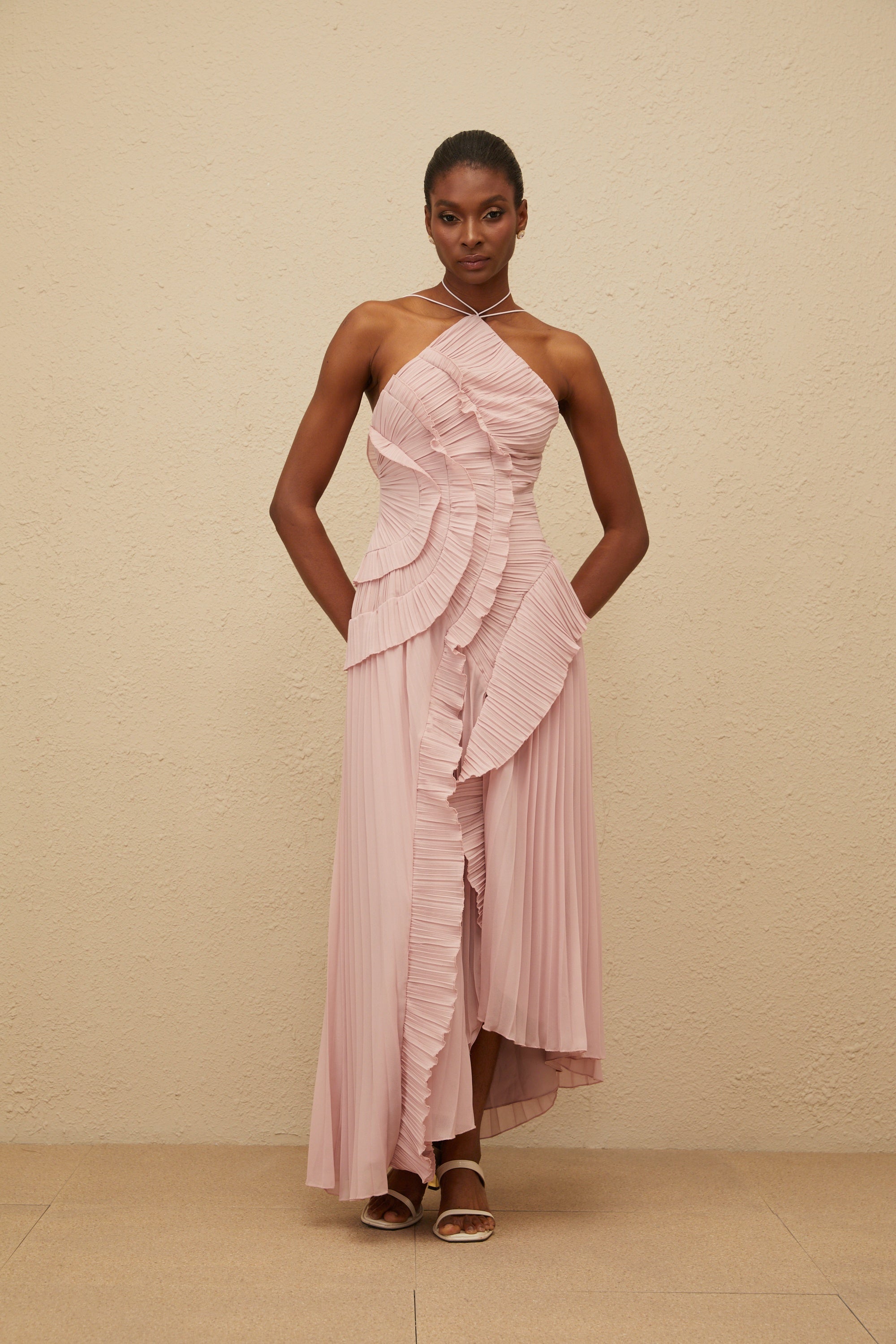 Doux Pink Ruffled Trim Pleated Midi Dress