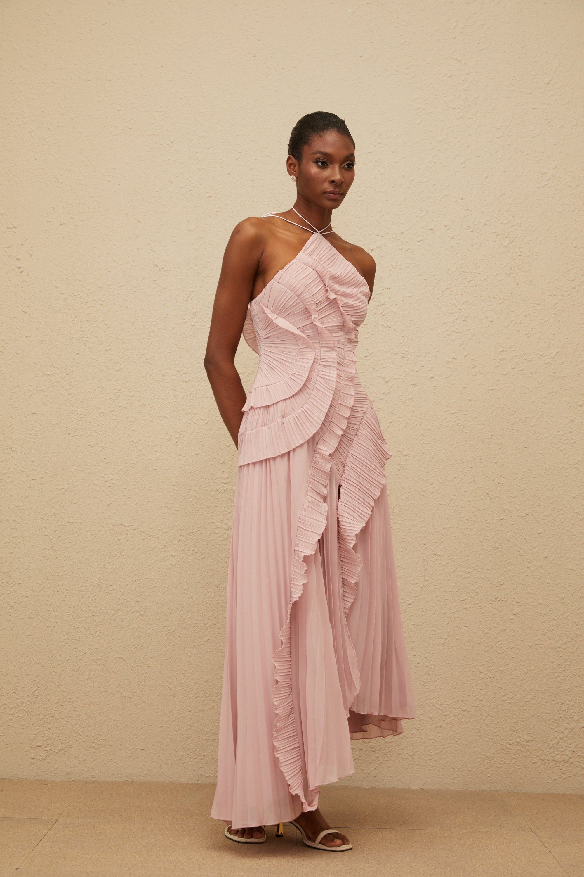 Doux Pink Ruffled Trim Pleated Midi Dress
