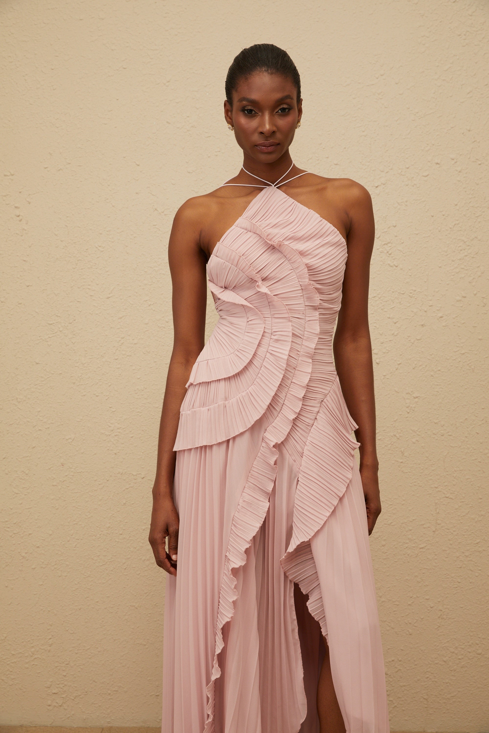 Doux Pink Ruffled Trim Pleated Midi Dress (Final Sale-US Only)
