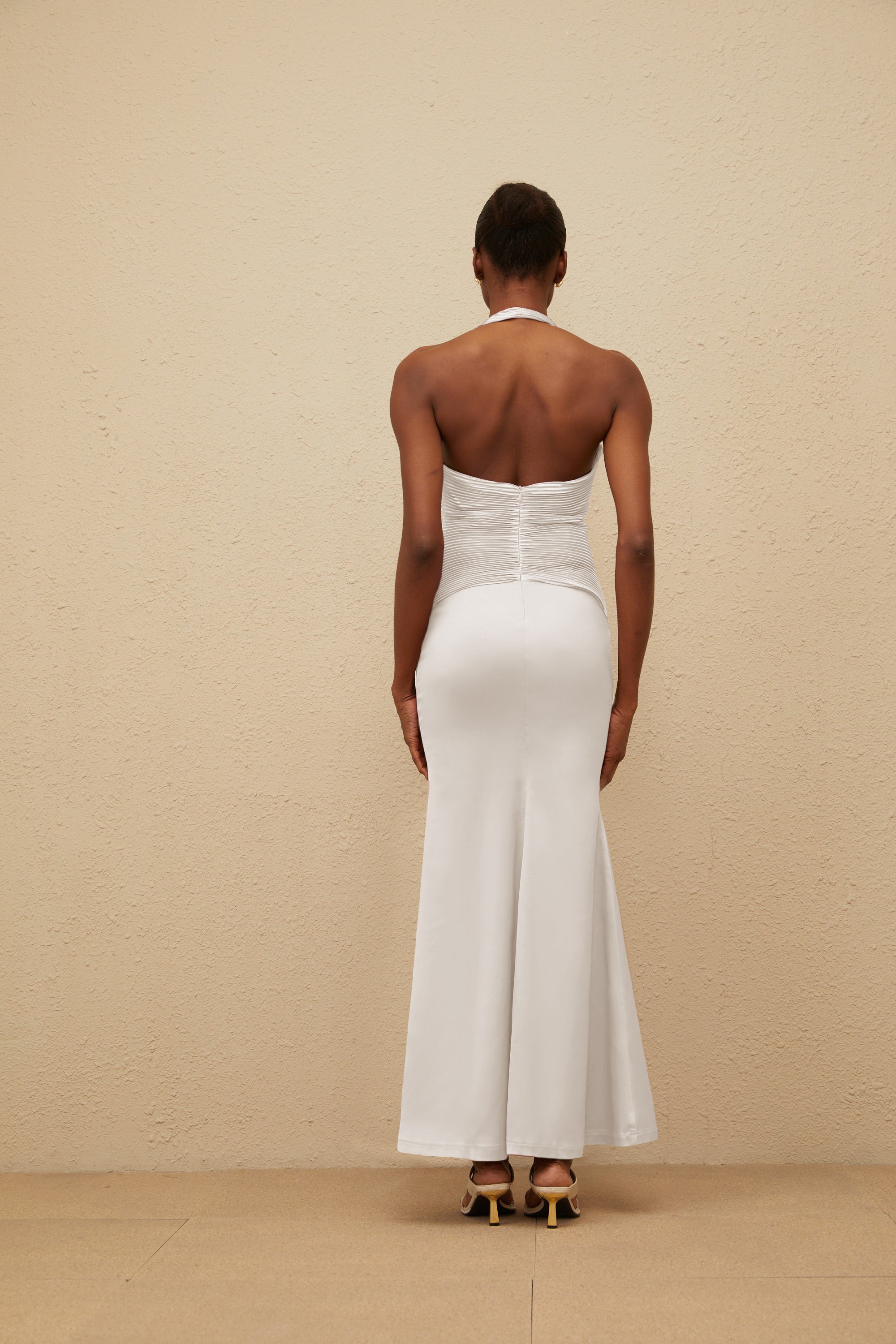 Colette White Halterneck Ruched Satin Gown