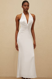 Colette White Halterneck Ruched Satin Gown (Final Sale)