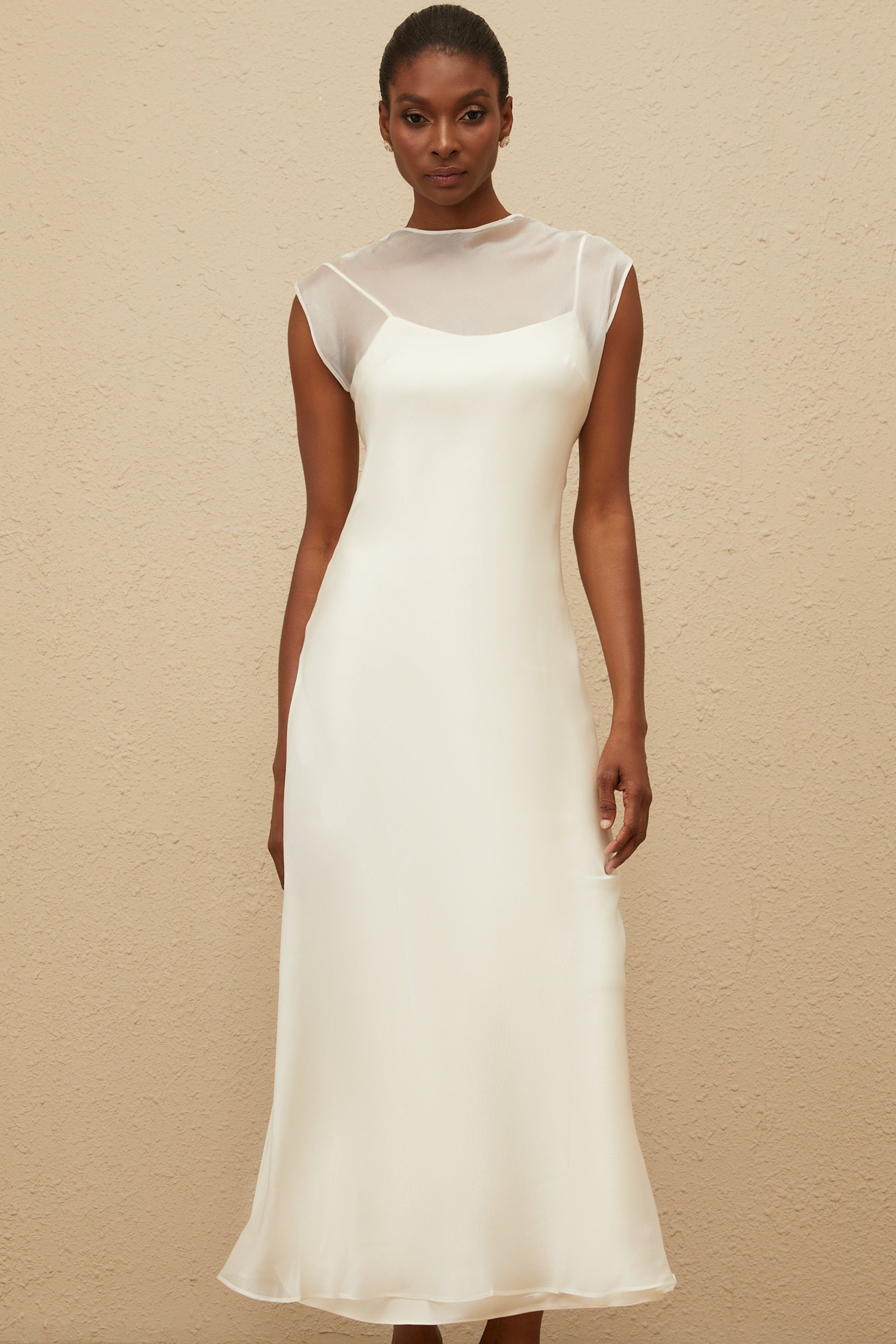 Epurée White Flared Tulle Maxi Dress