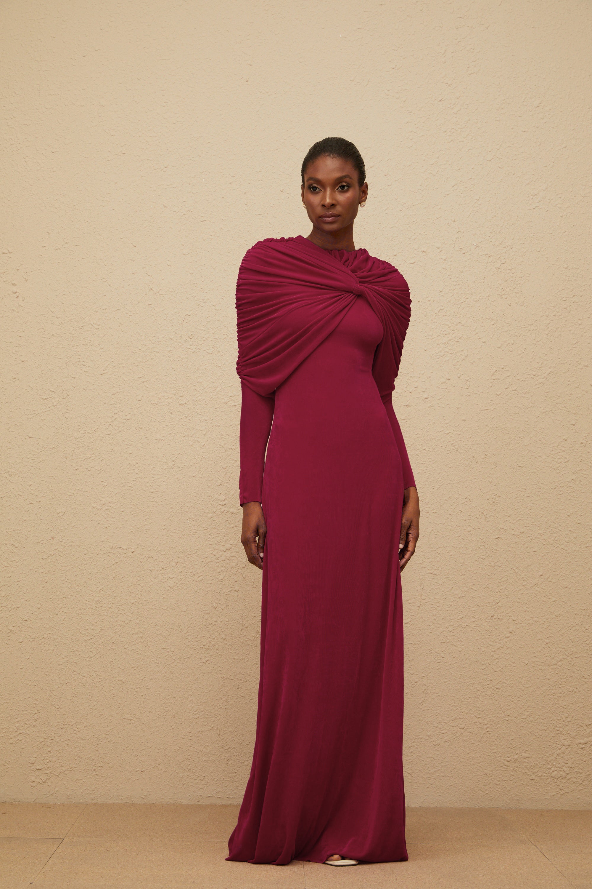 Moderne Red Cape-Design Ruched Maxi Dress (Final Sale)