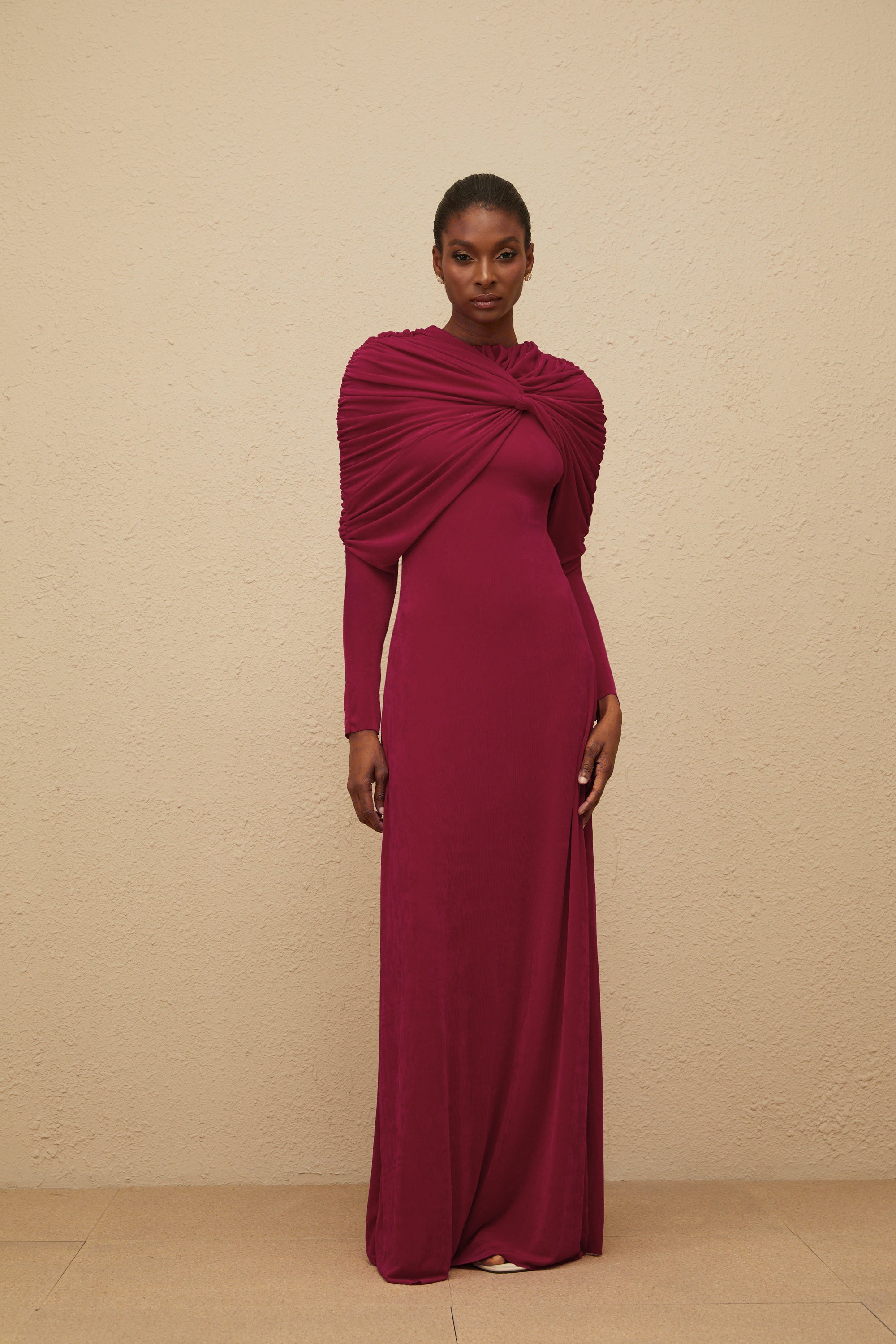 Moderne Red Cape-Design Ruched Maxi Dress (Final Sale-US Only)