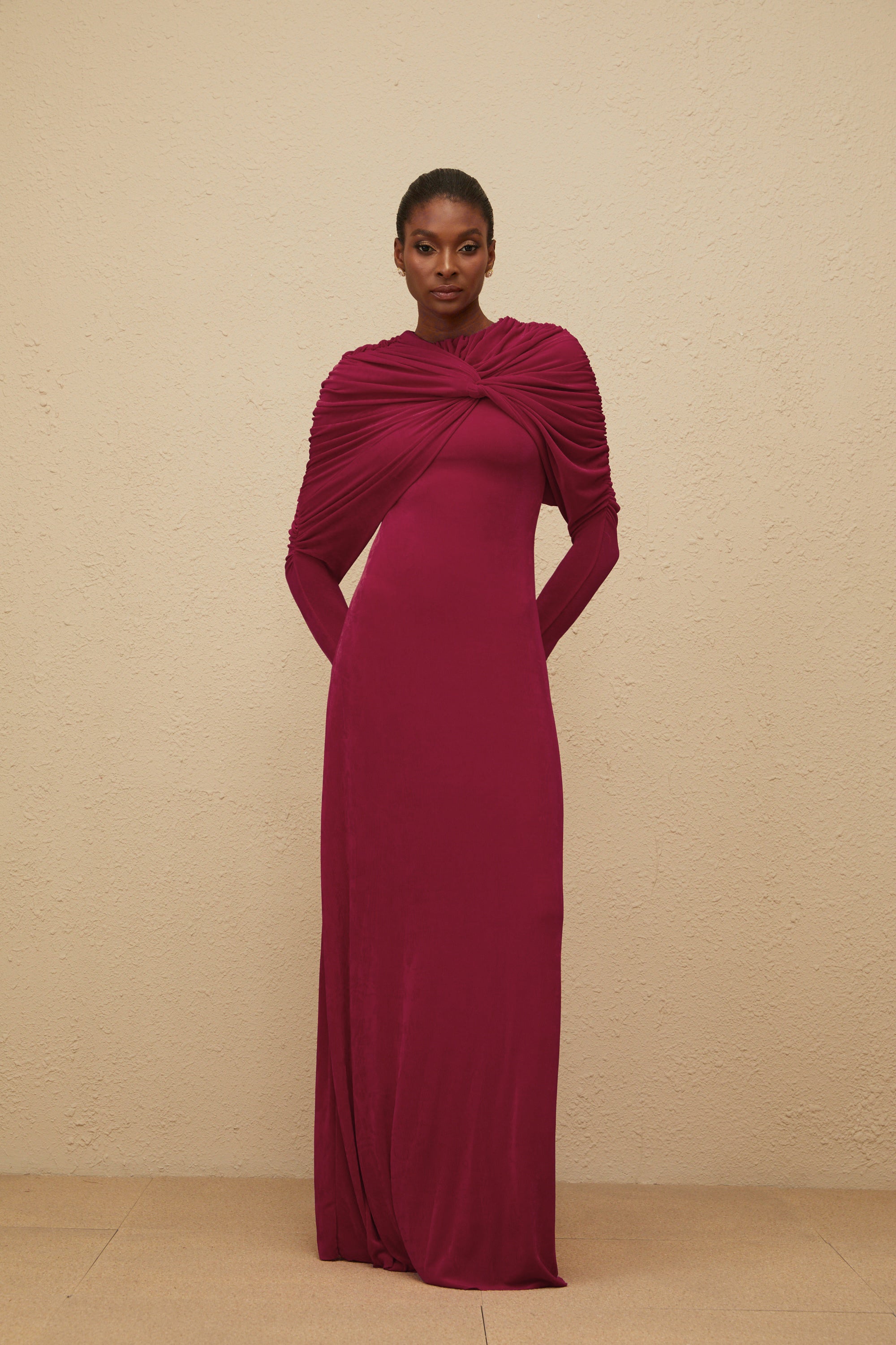 Moderne Red Cape-Design Ruched Maxi Dress (Final Sale-US Only)