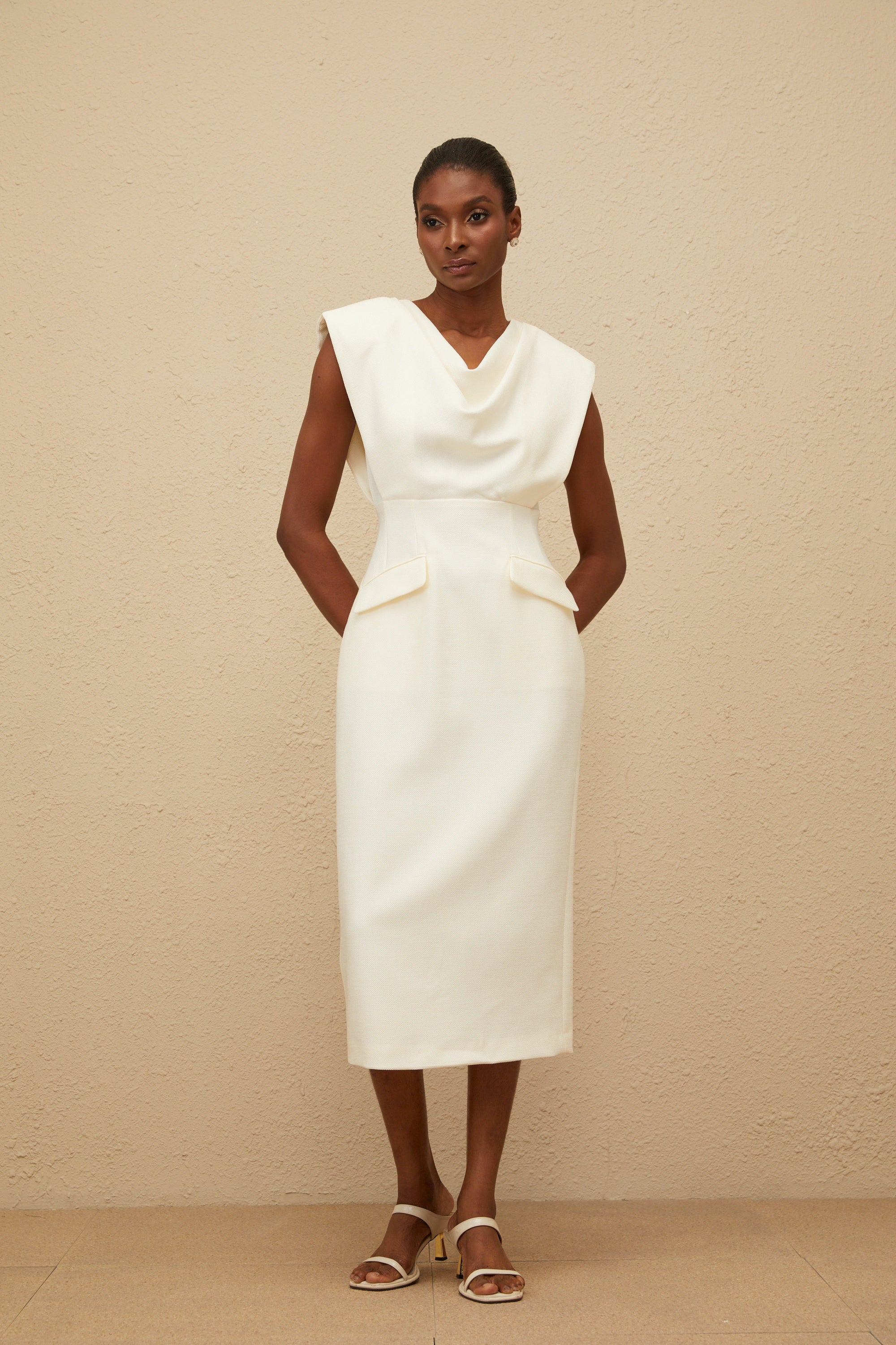 Ondine White Cowl-Neck Pencil Midi Dress (Final Sale-US Only)