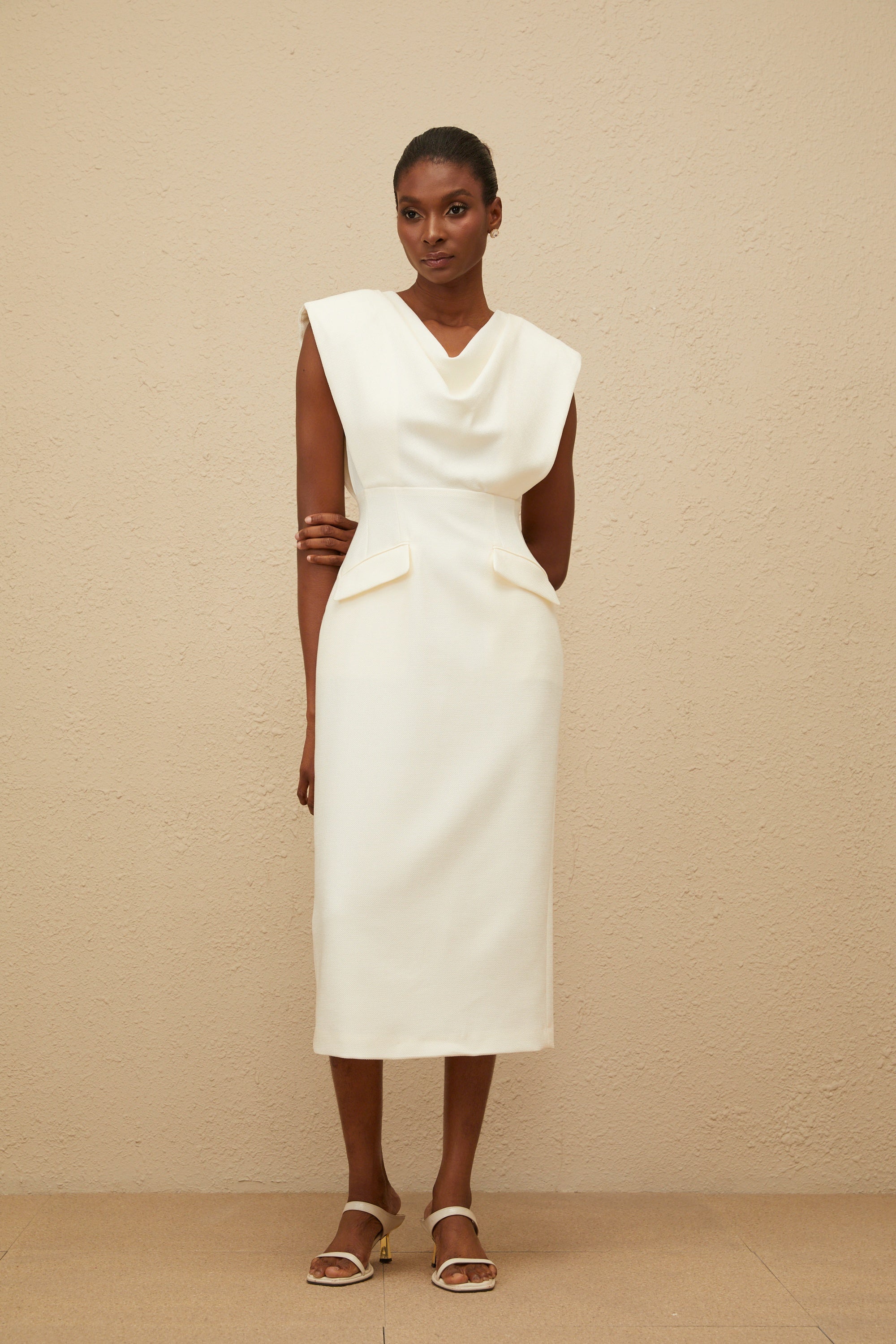 Ondine White Cowl-Neck Pencil Midi Dress
