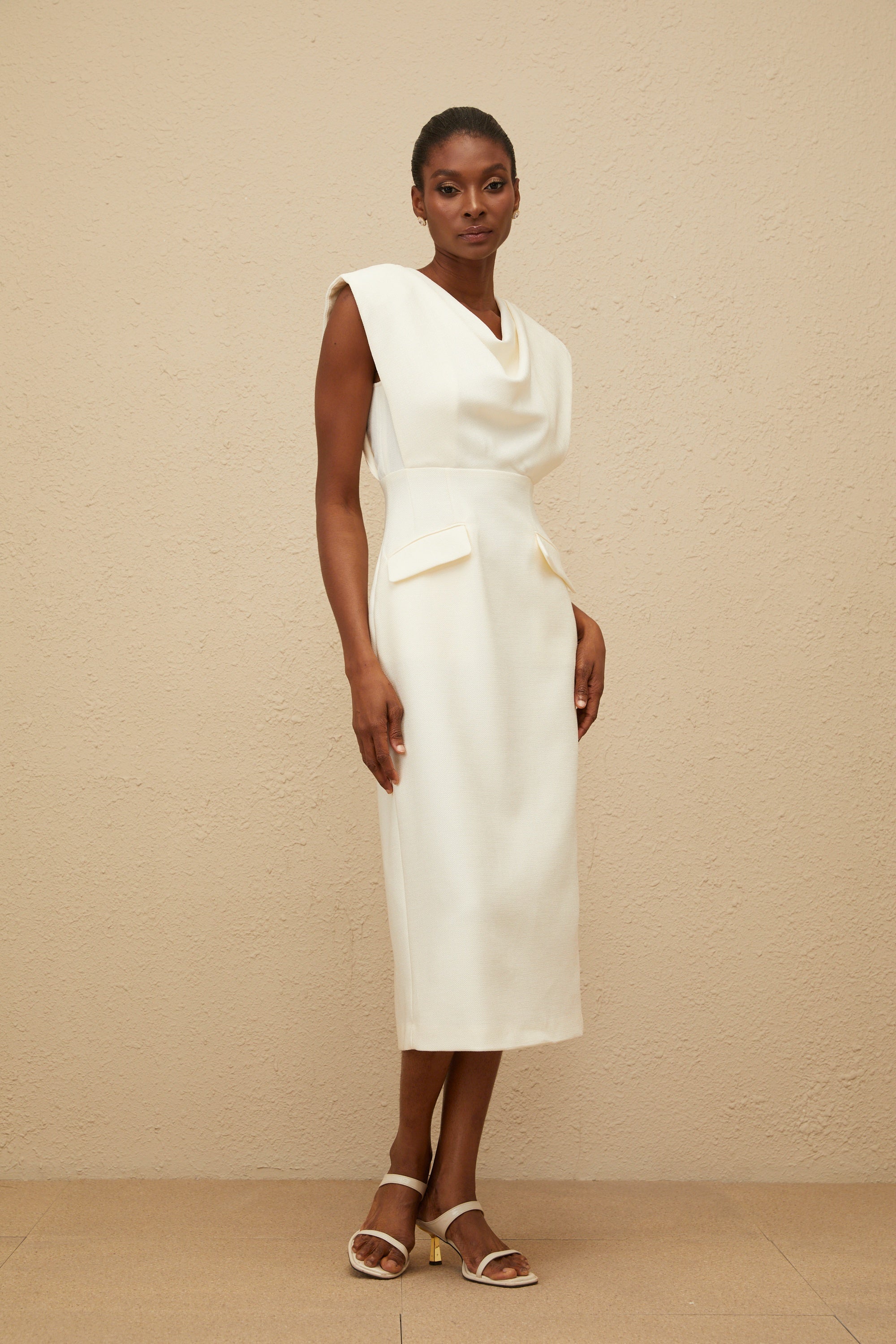 Ondine White Cowl-Neck Pencil Midi Dress