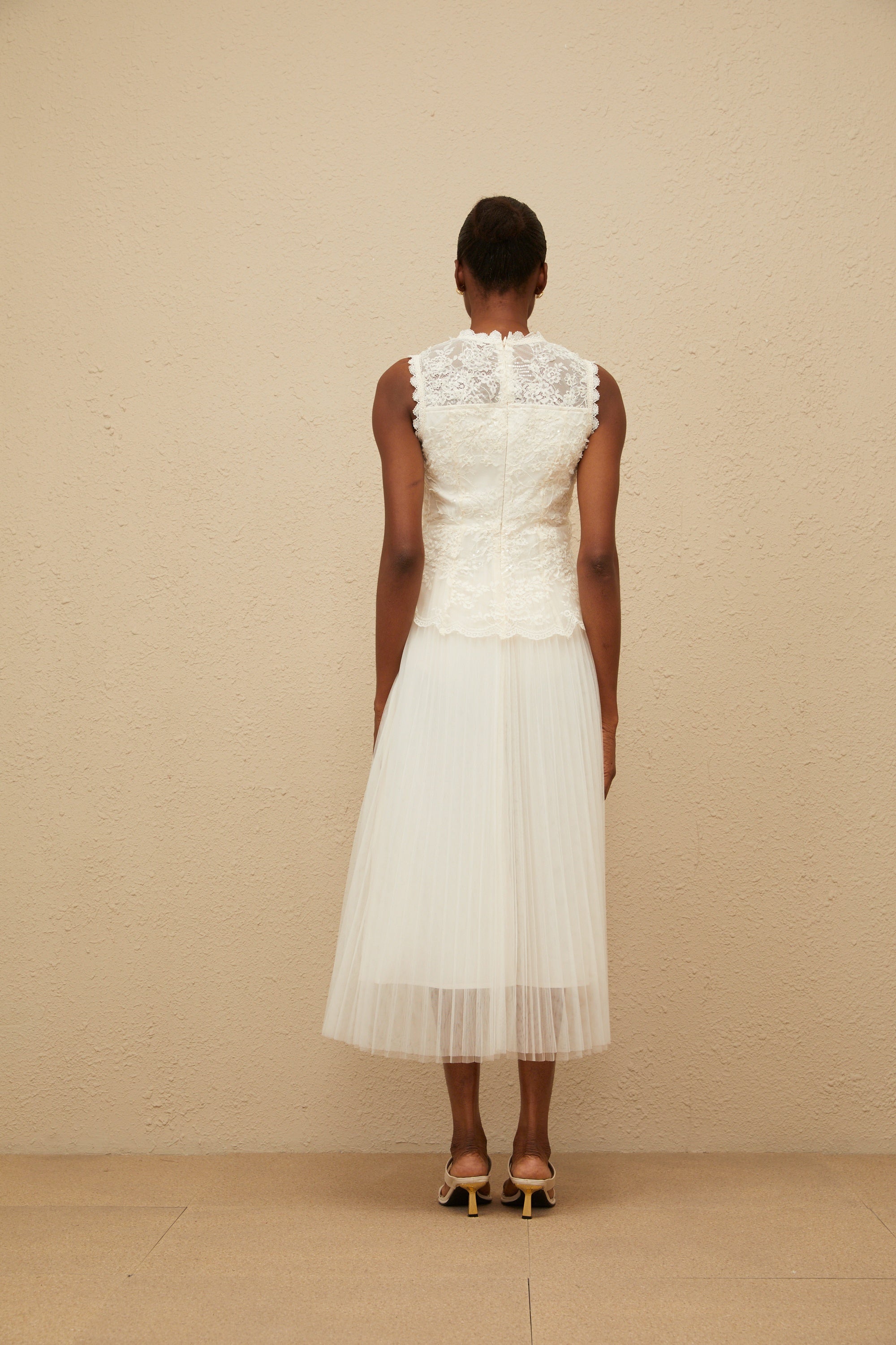 Léopoldine Floral Lace Tulle Panel Midi Dress