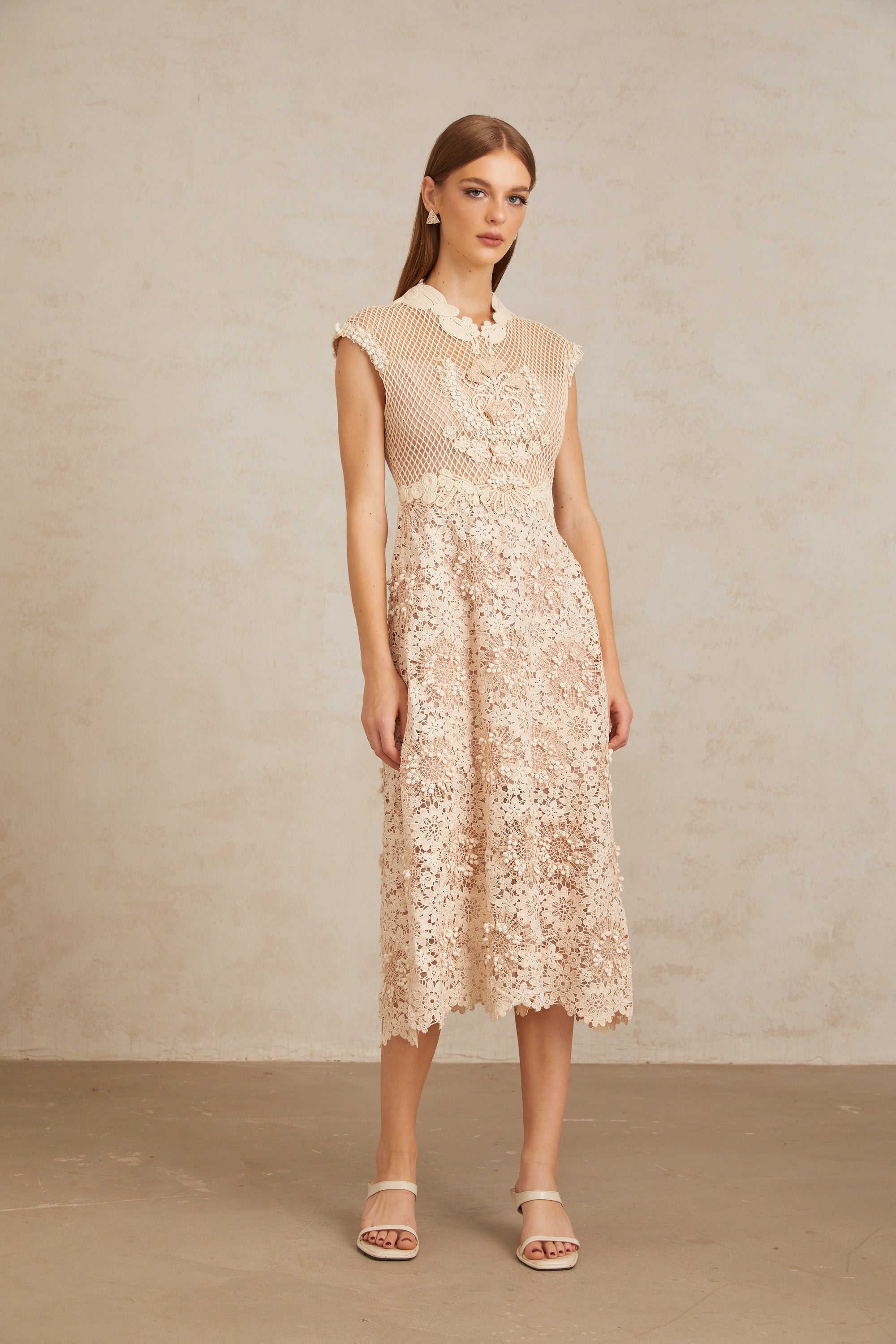 Capucine Braid Detail Corded Lace Midi Dress