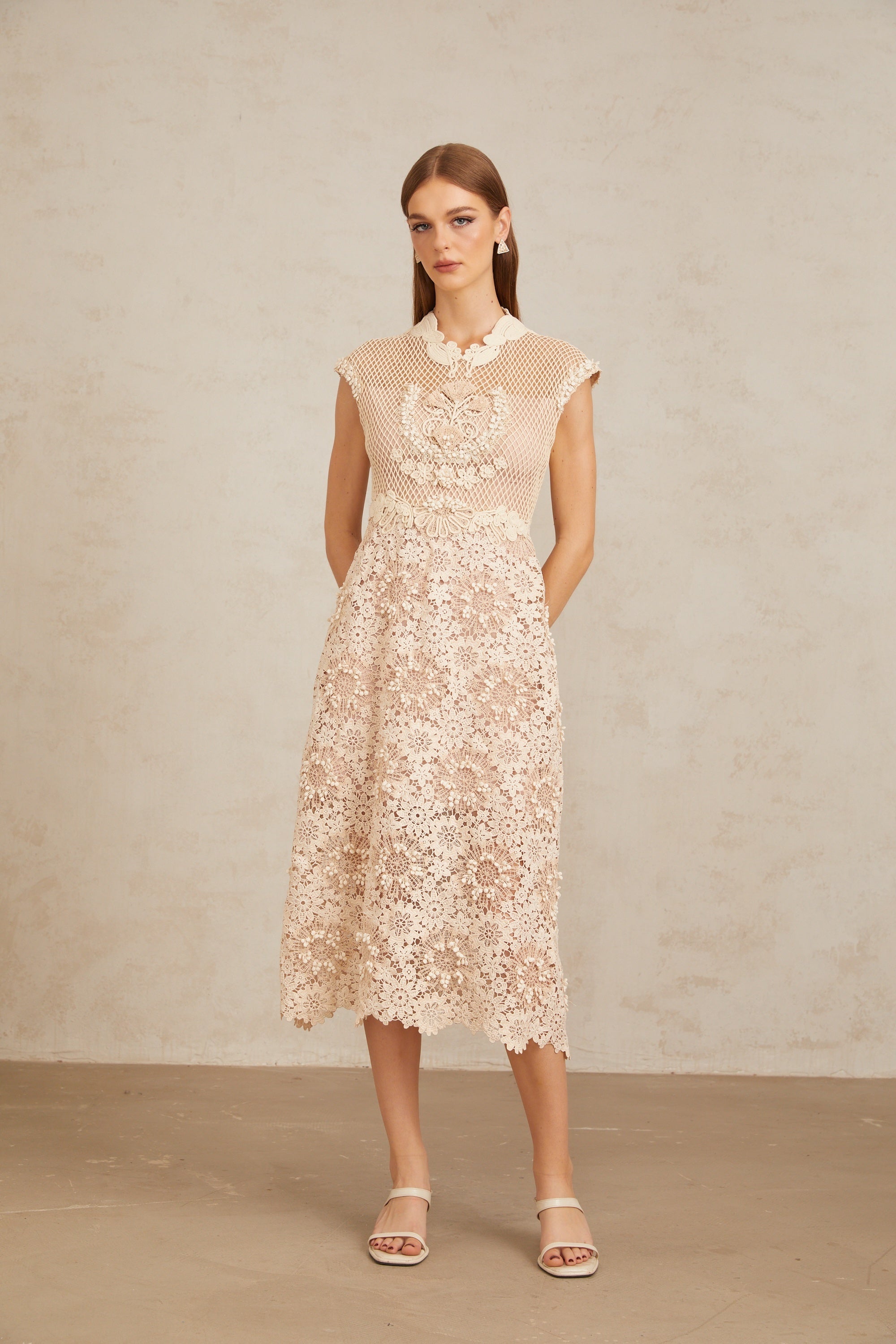 Capucine Braid Detail Corded Lace Midi Dress