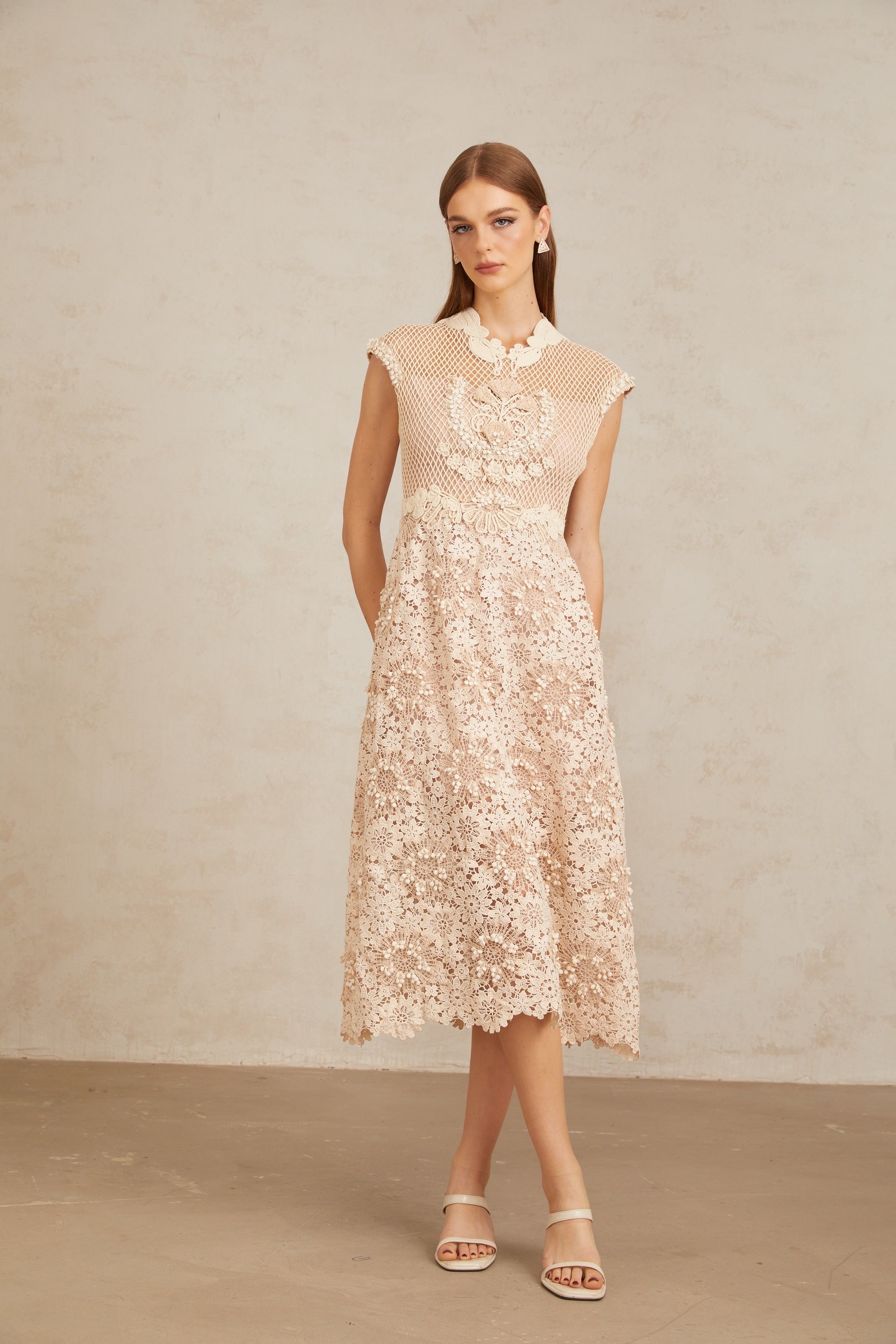 Capucine Braid Detail Corded Lace Midi Dress