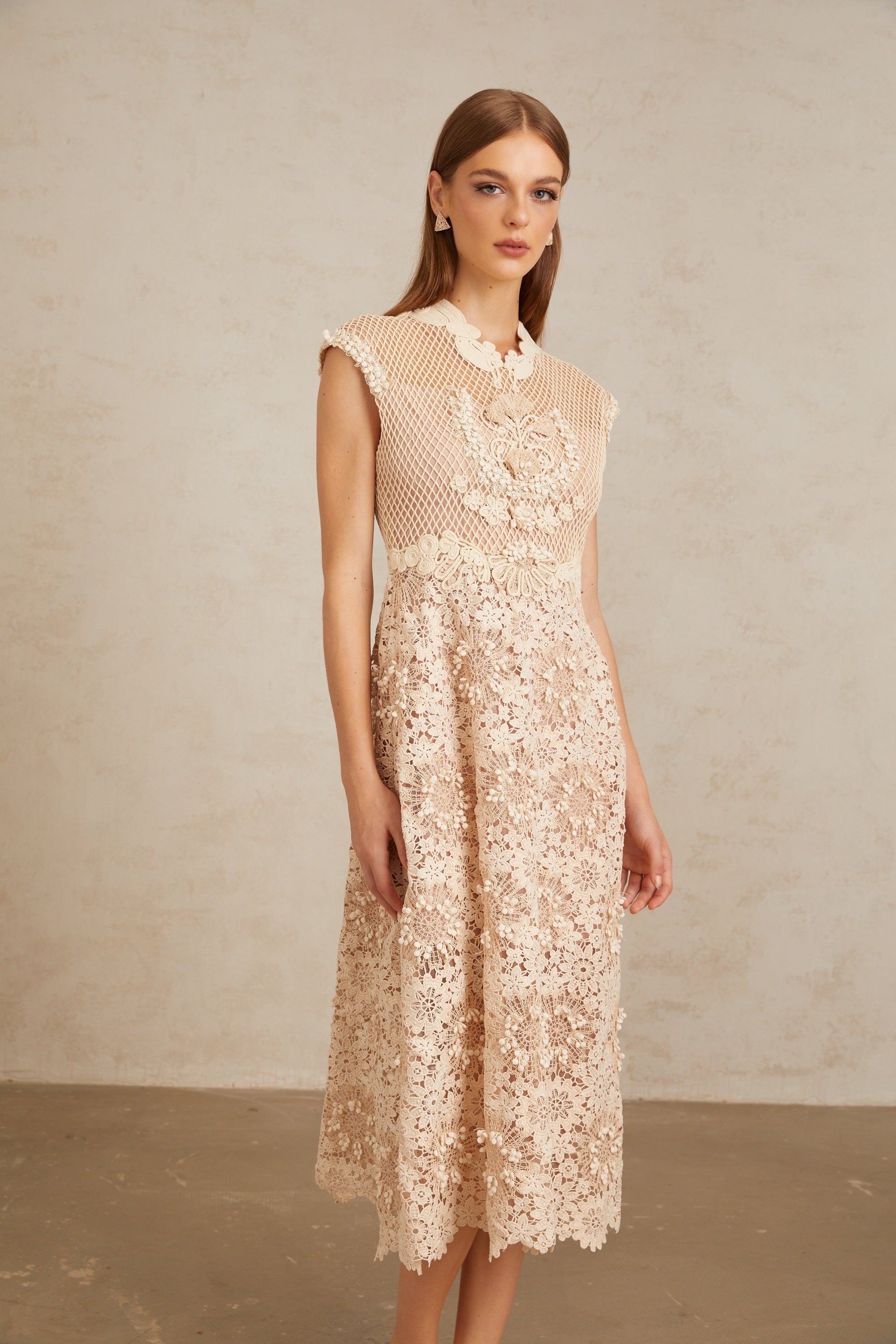 Capucine Braid Detail Corded Lace Midi Dress