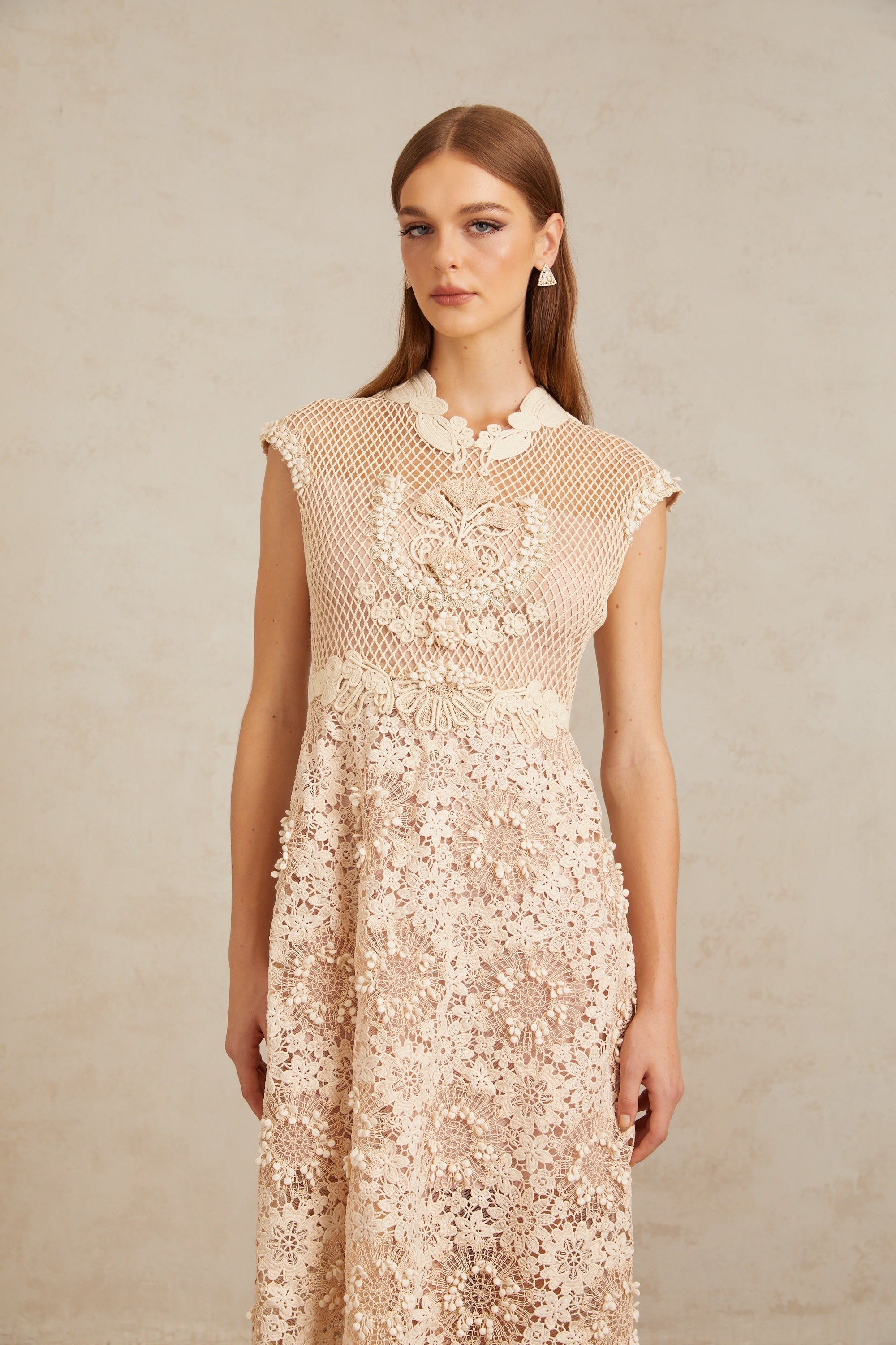 Capucine Braid Detail Corded Lace Midi Dress