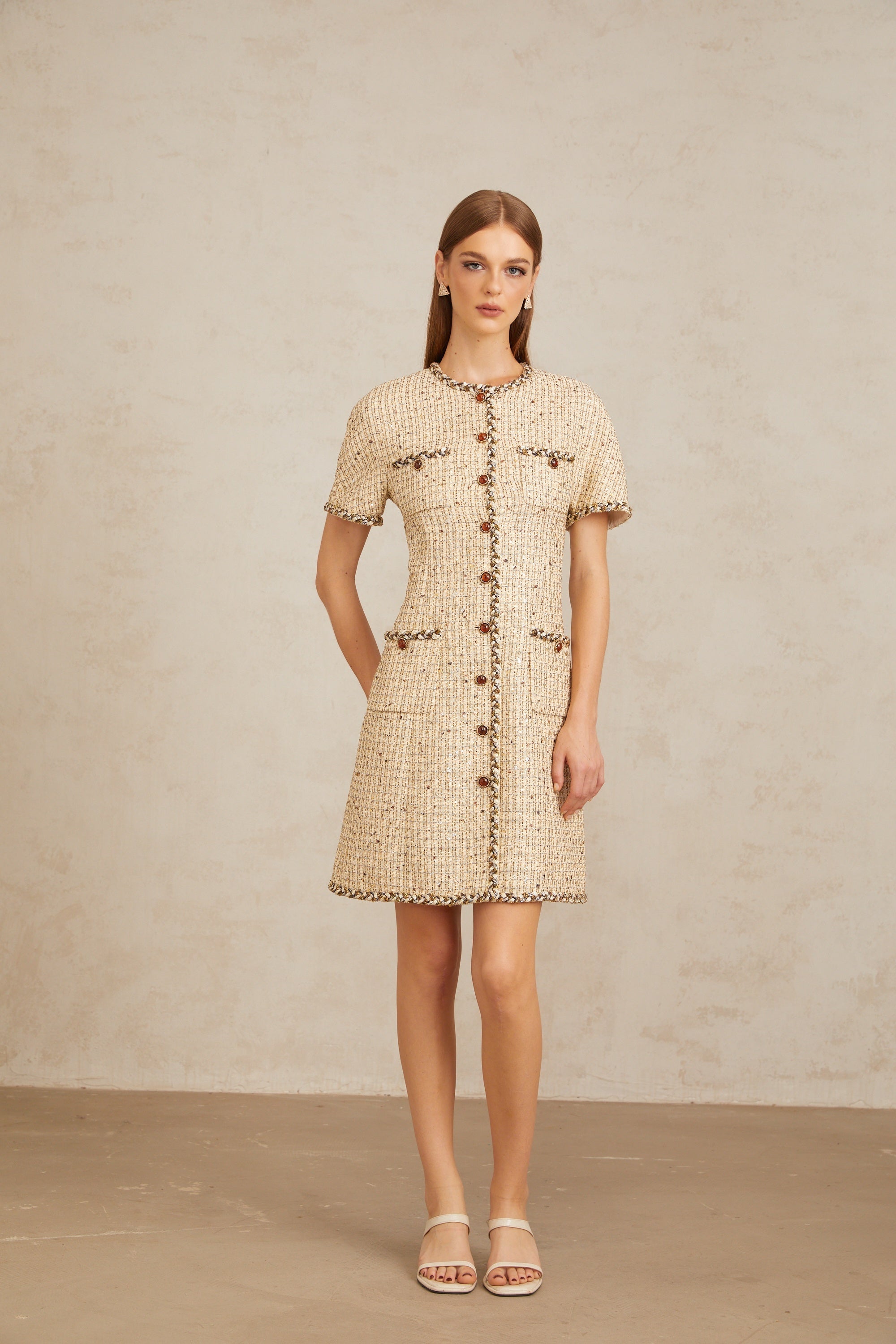 Énergie Neutral A-Line Tweed Mini Dress