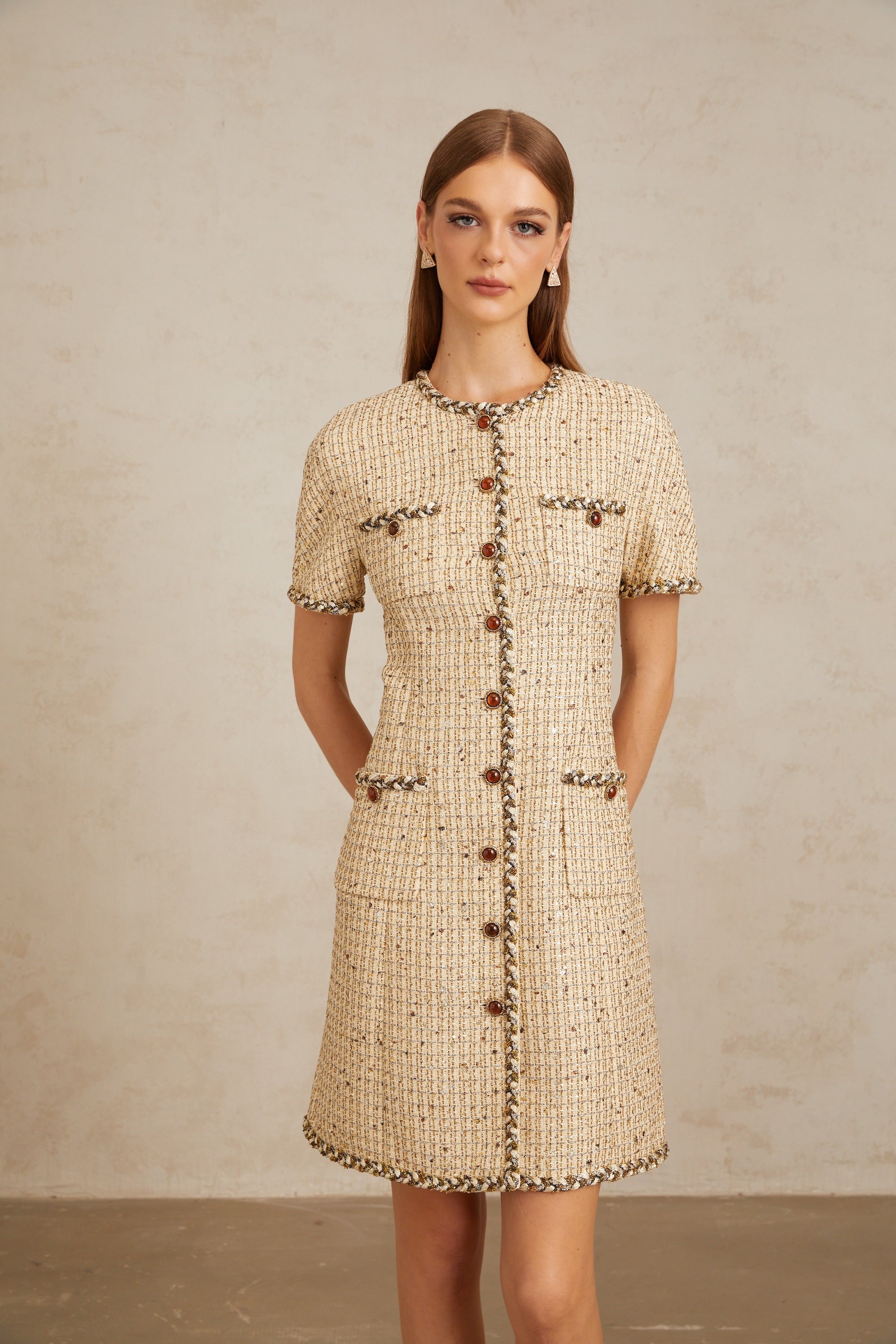 Énergie Neutral A-Line Tweed Mini Dress