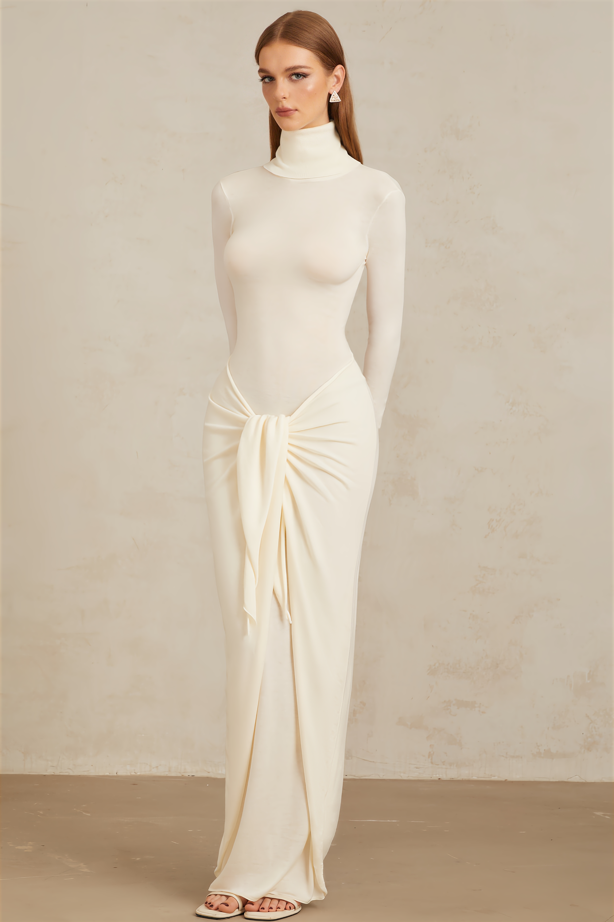 Impériale White Ruched Turtleneck Maxi Dress