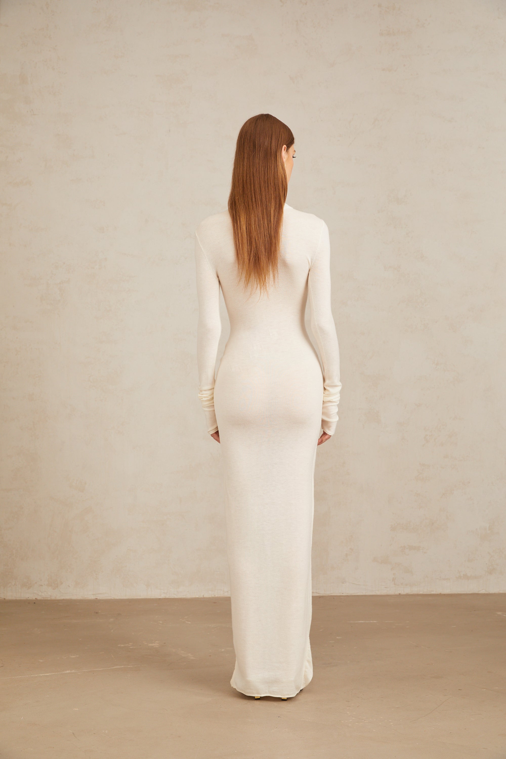 Impériale White Ruched Turtleneck Maxi Dress