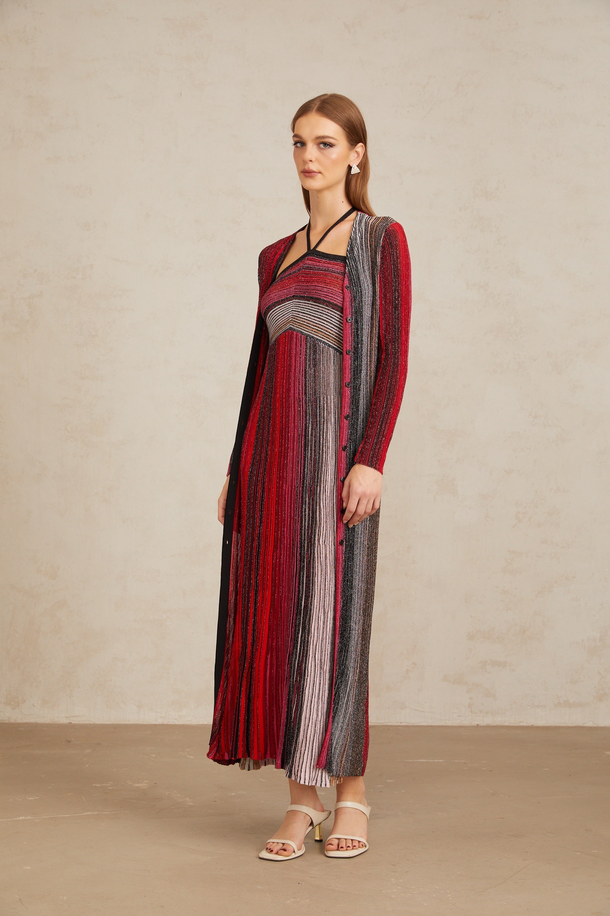 Ulysse Red Metallic Knit Long Cardigan (Final Sale)