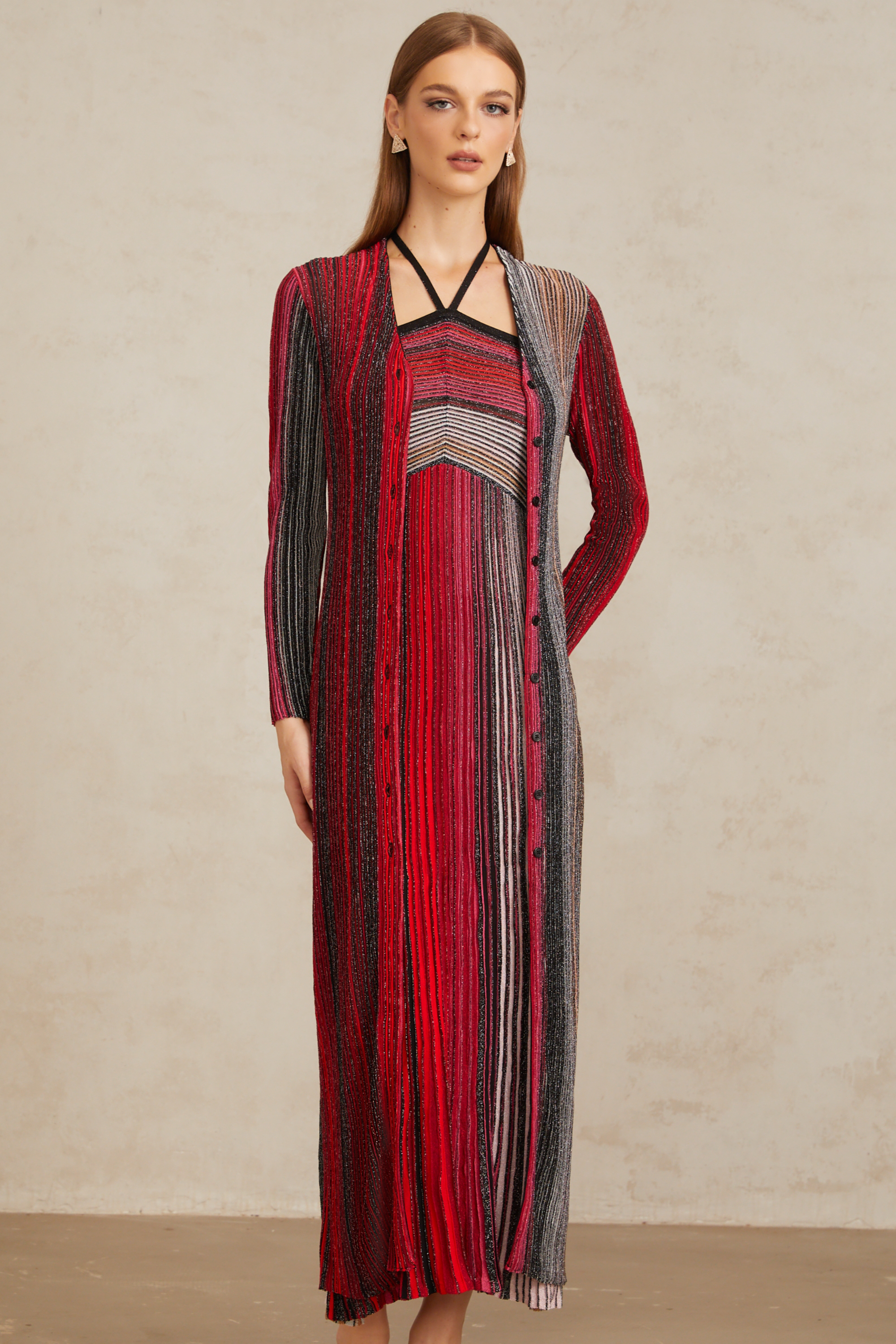 Ulysse Red Metallic Knit Long Cardigan (Final Sale)